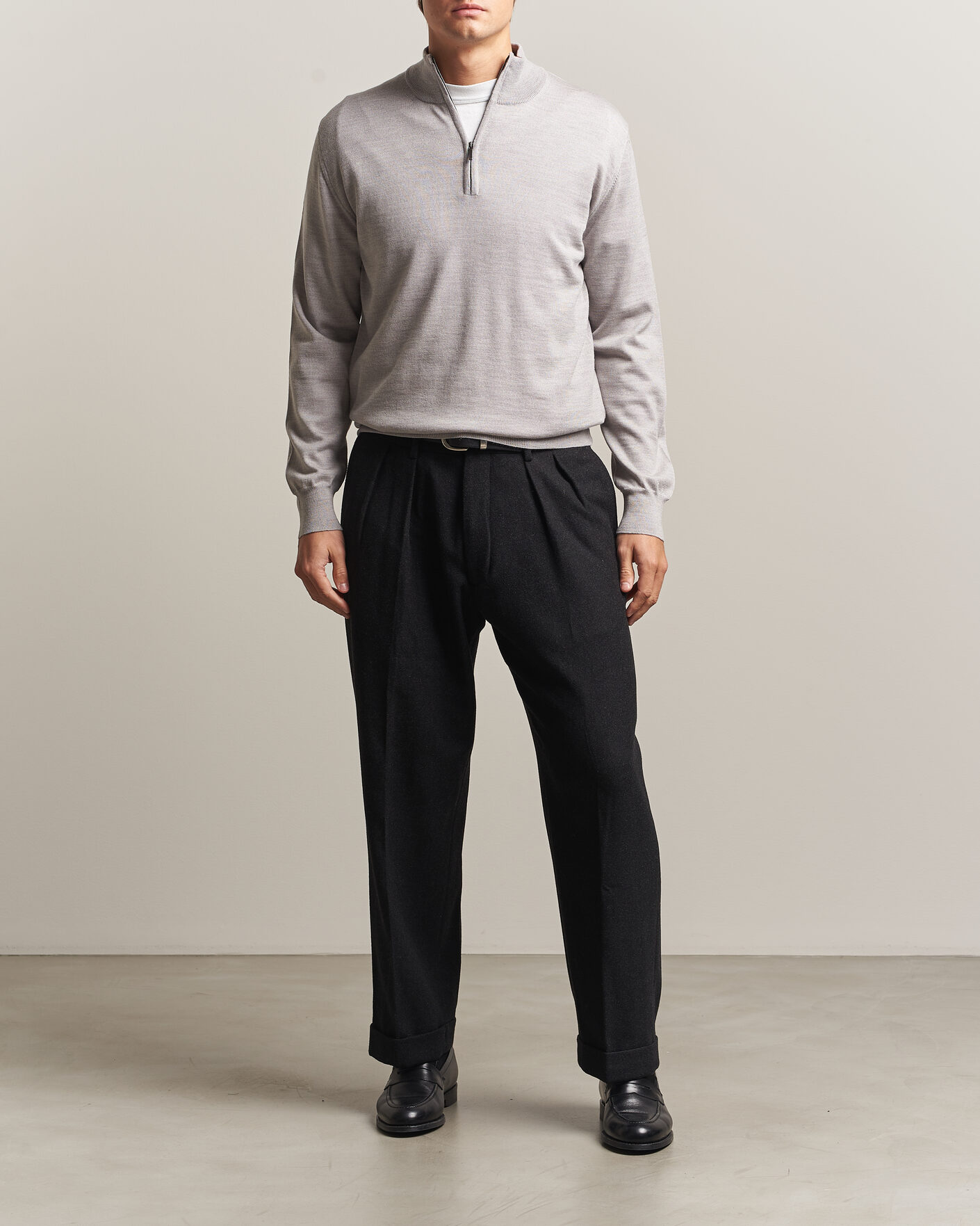 Hombres | Jerséis y prendas de punto | Morgano | Extra Fine Merino Wool Half-Zip Light Grey