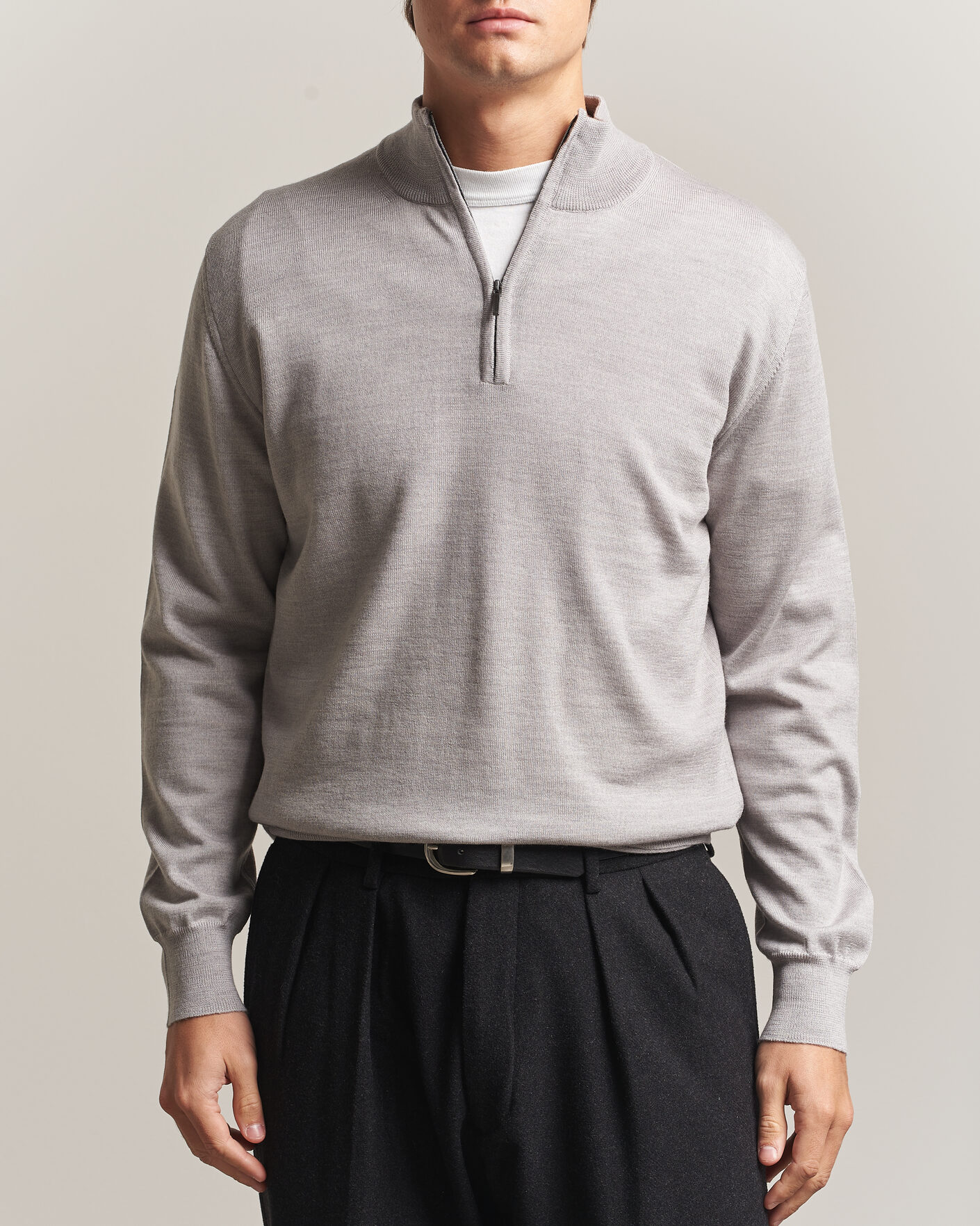 Hombres | Jerséis y prendas de punto | Morgano | Extra Fine Merino Wool Half-Zip Light Grey