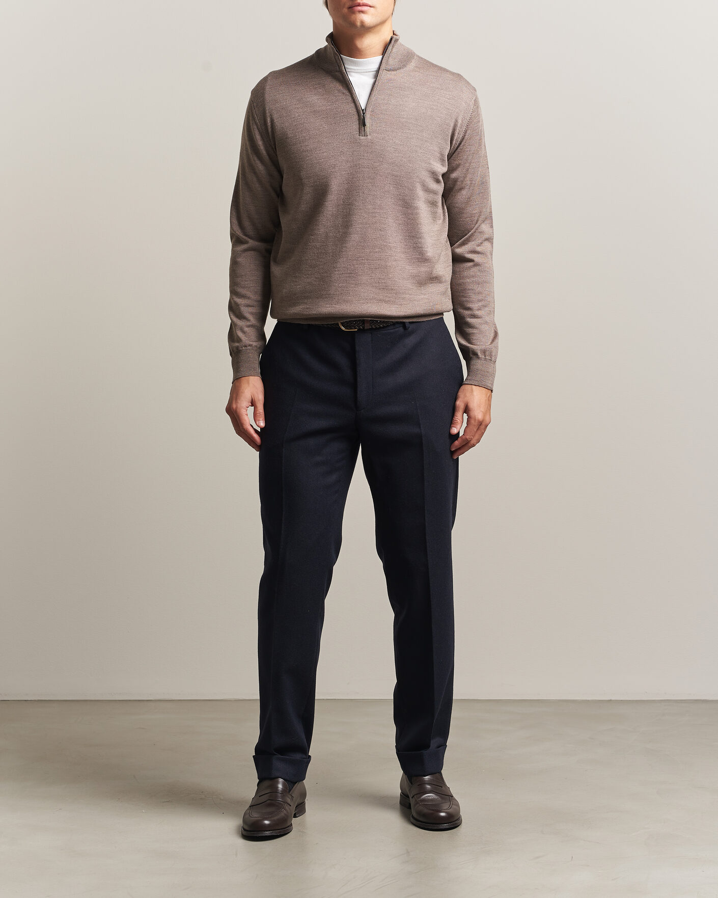 Hombres | Jerséis y prendas de punto | Morgano | Extra Fine Merino Wool Half-Zip Mid Brown