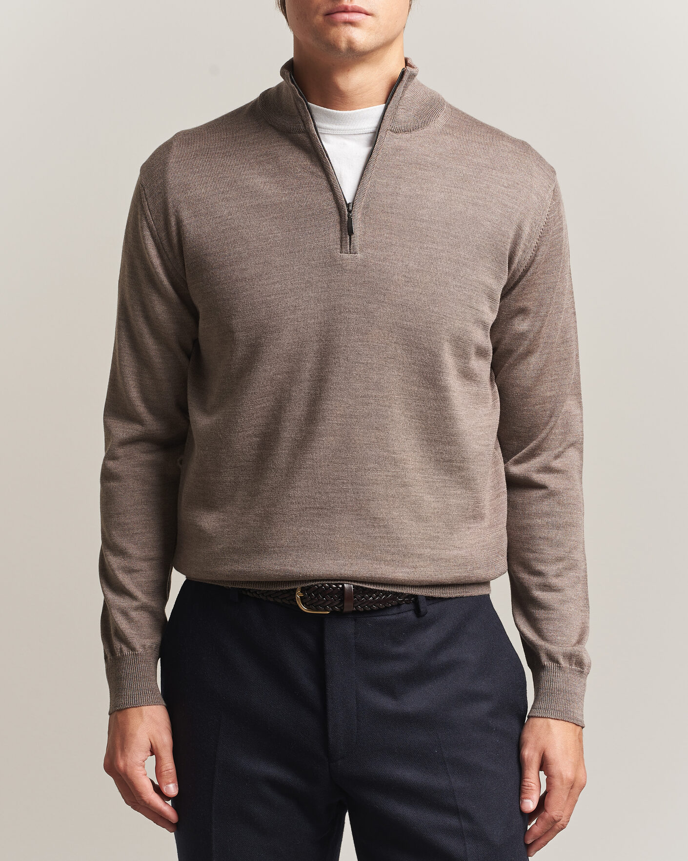 Hombres | Jerséis y prendas de punto | Morgano | Extra Fine Merino Wool Half-Zip Mid Brown