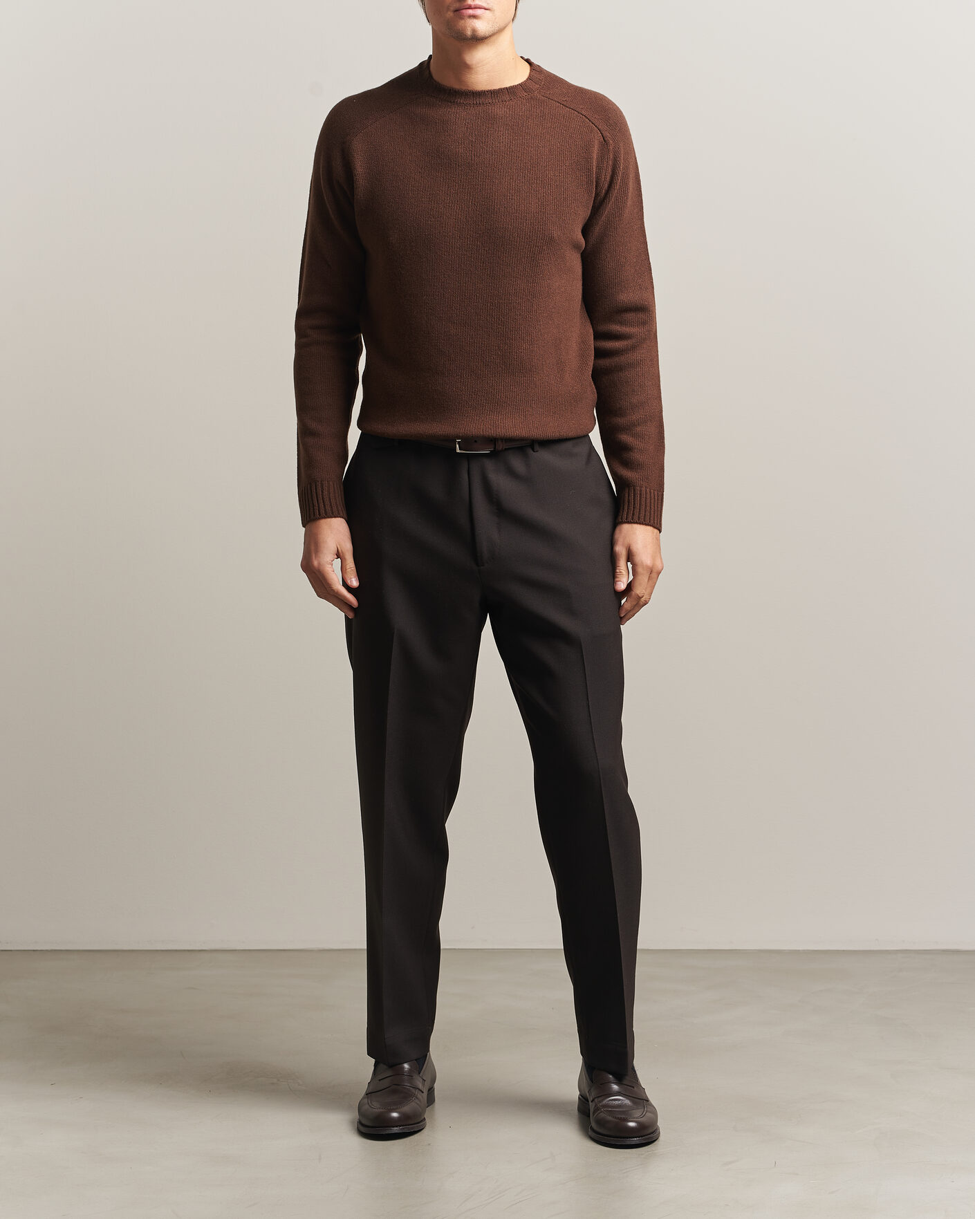 Hombres | Jerséis y prendas de punto | Morgano | Heavy Knitted Wool/Cashmere Crewneck Dark Brown