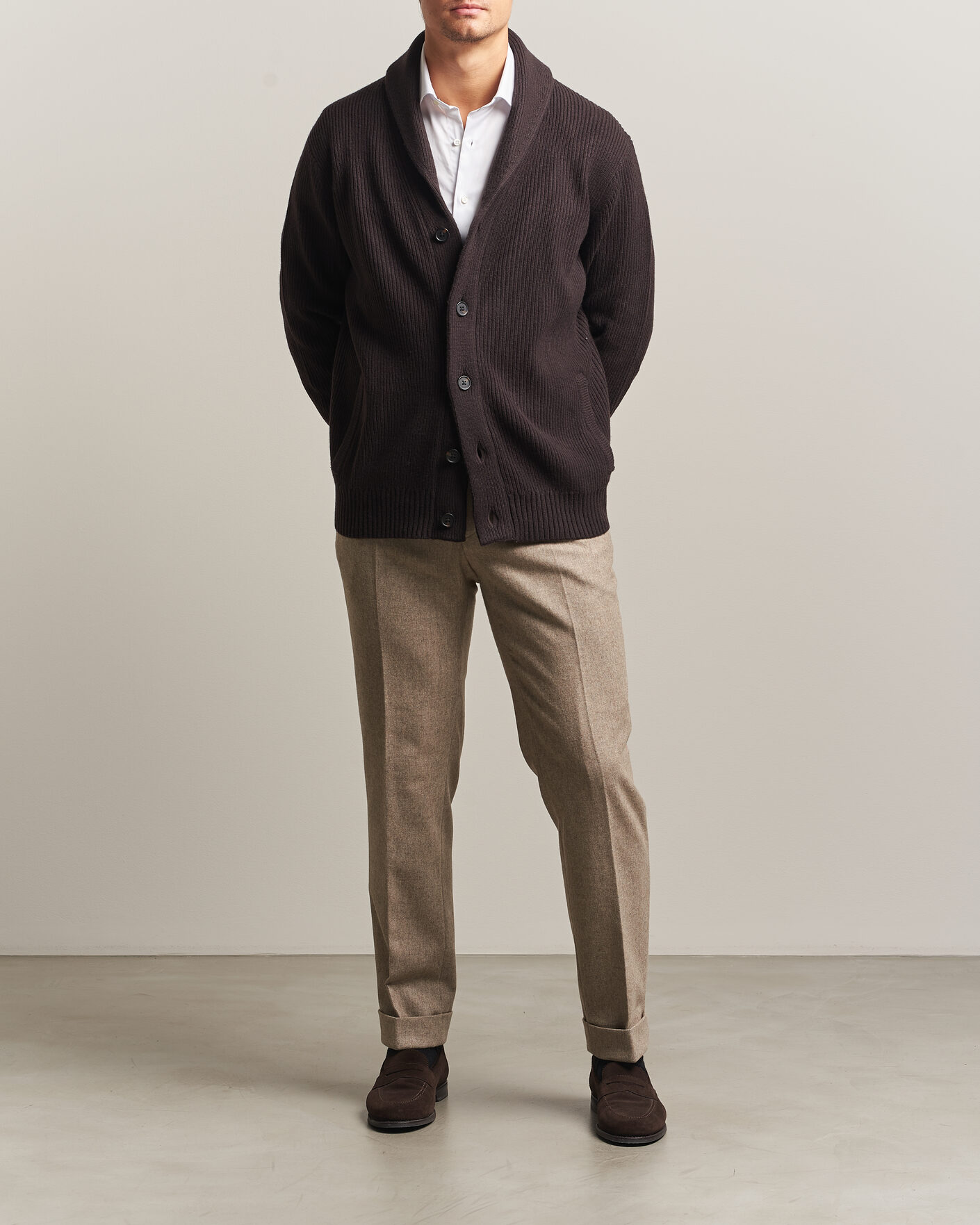 Hombres | Jerséis y prendas de punto | Charles Tyrwhitt | Chunky Merino Shawl Neck Cardigan Chocolate