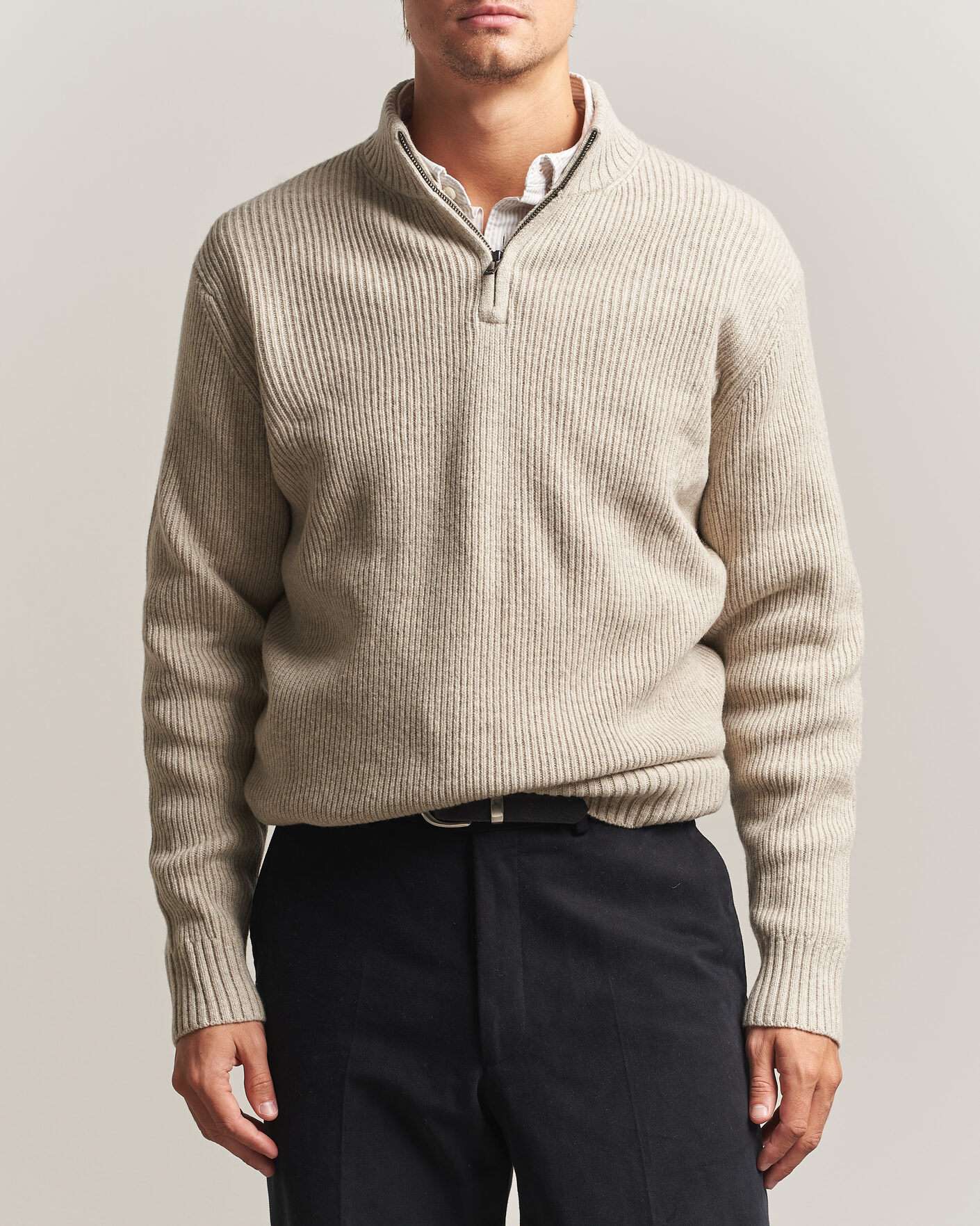 Hombres | Jerséis y prendas de punto | Charles Tyrwhitt | Chunky Merino Zip Neck Oat