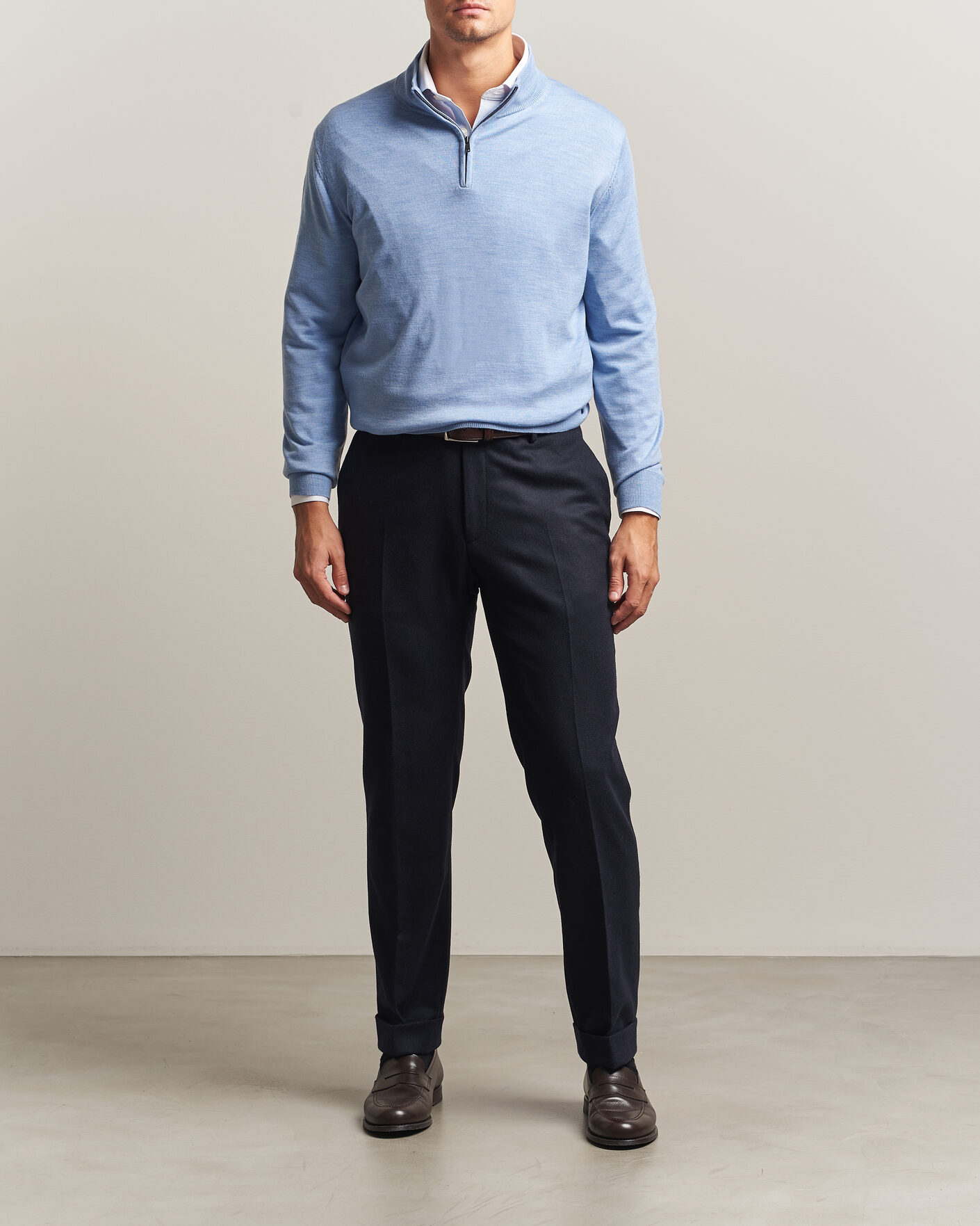 Hombres | Jerséis y prendas de punto | Charles Tyrwhitt | Pure Merino Zip Neck Jumper Cornflower Blue