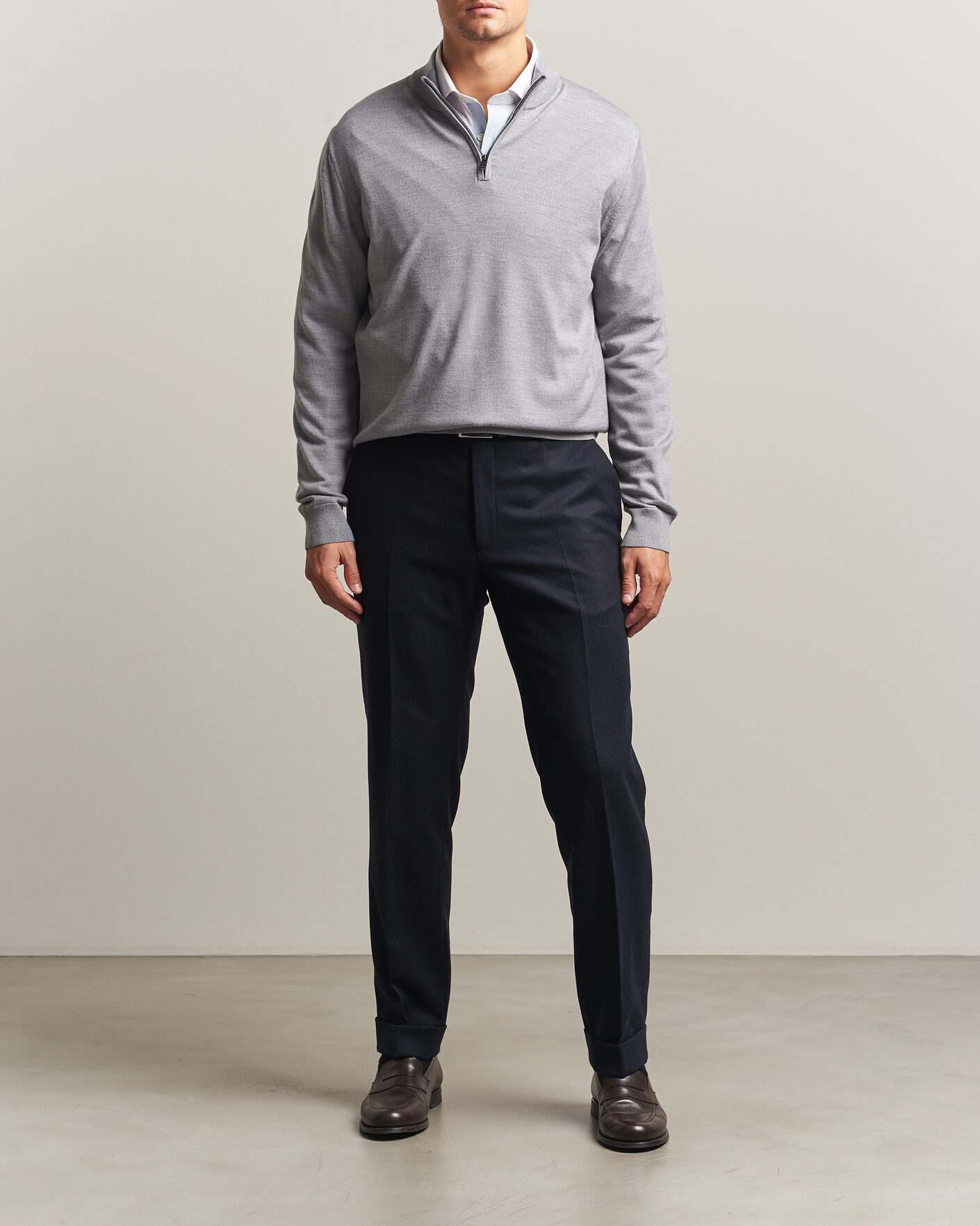 Hombres | Jerséis y prendas de punto | Charles Tyrwhitt | Pure Merino Zip Neck Jumper Light Grey