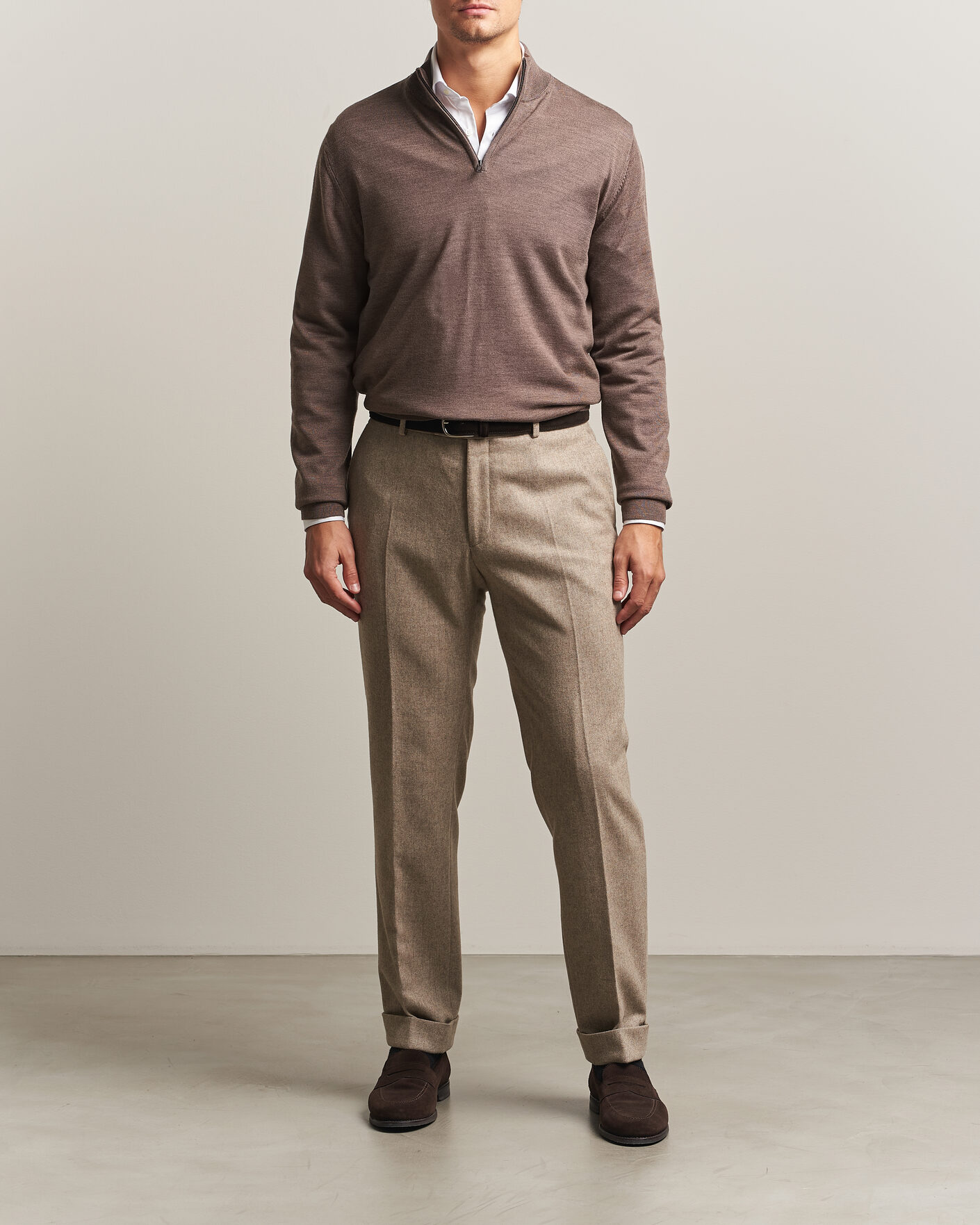 Hombres | Jerséis y prendas de punto | Charles Tyrwhitt | Pure Merino Zip Neck Jumper Mocha