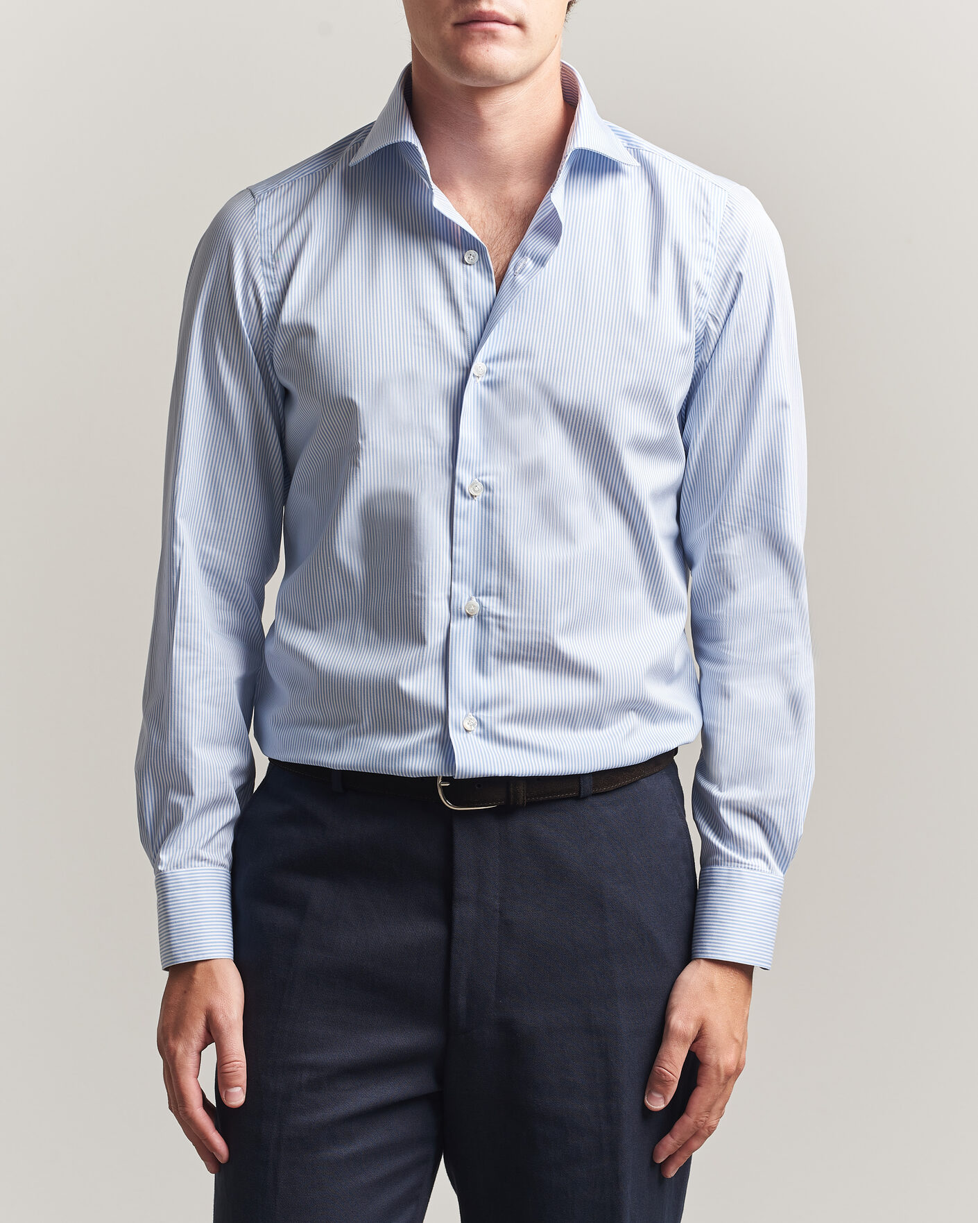 Hombres | Camisas | Finamore Napoli | Milano Slim Traveller Cotton Shirt Blue Stripe