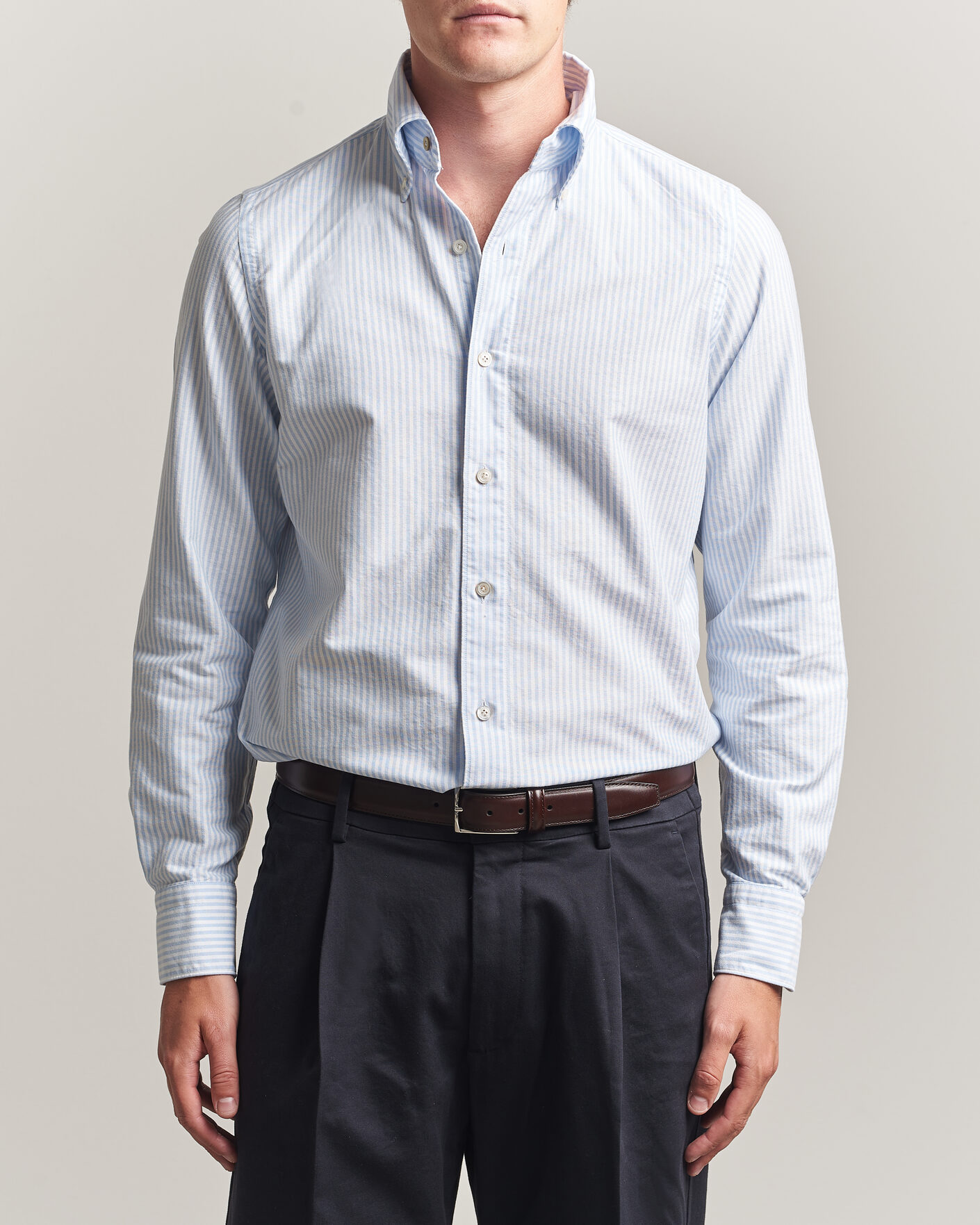 Hombres | Camisas | Finamore Napoli | Gaeta Oxford Button Down Shirt Light Blue Stripe
