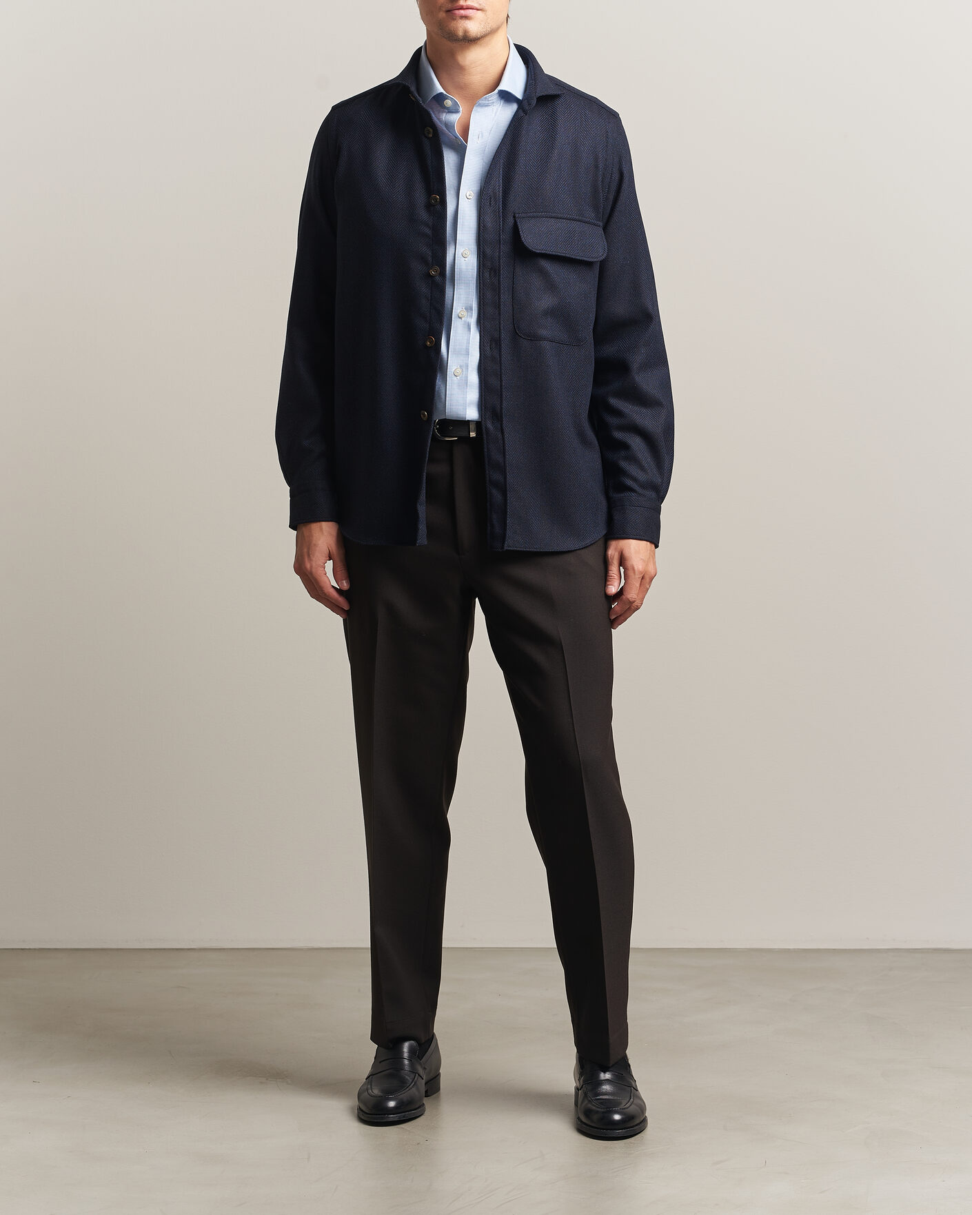 Hombres | Camisas | Finamore Napoli | Wool Herringbone Overshirt Navy