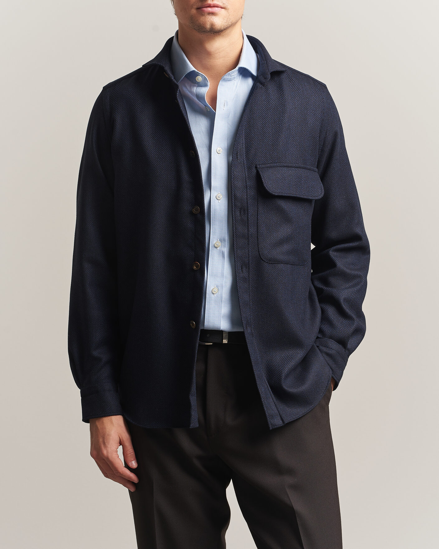 Hombres | Camisas | Finamore Napoli | Wool Herringbone Overshirt Navy