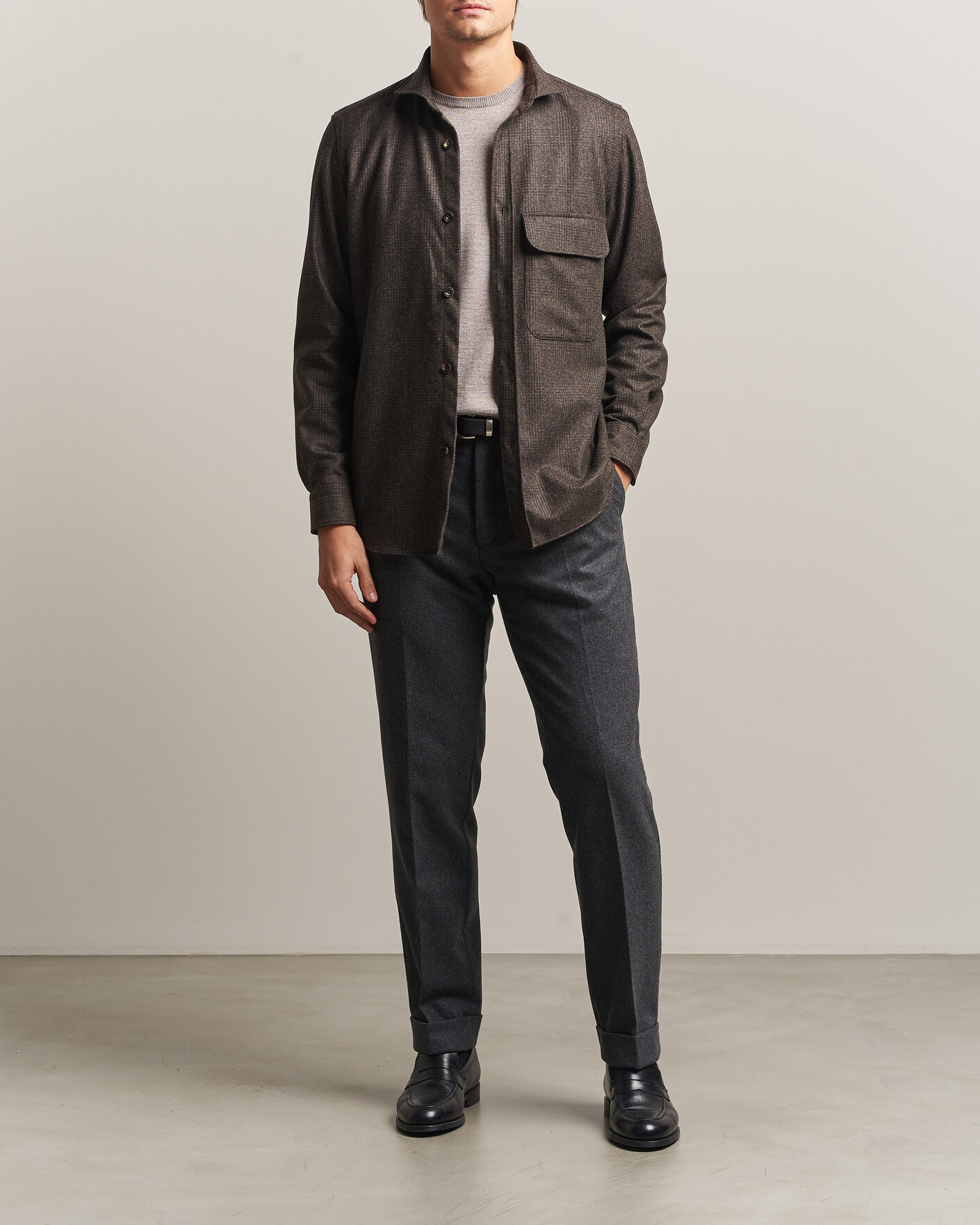 Hombres | Camisas | Finamore Napoli | Wool Houndstooth Overshirt Dark Brown