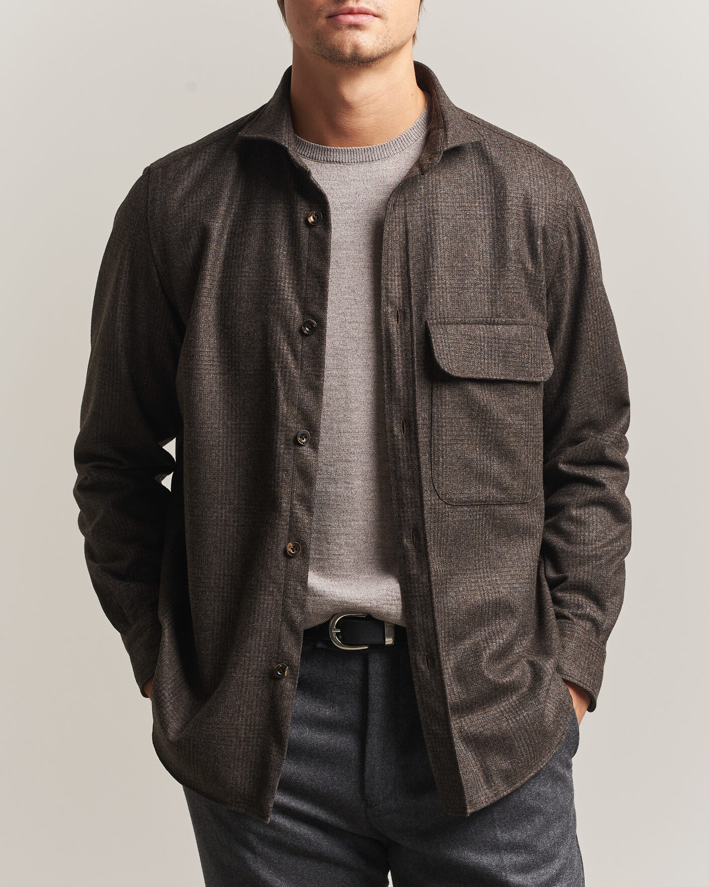 Hombres | Camisas | Finamore Napoli | Wool Houndstooth Overshirt Dark Brown