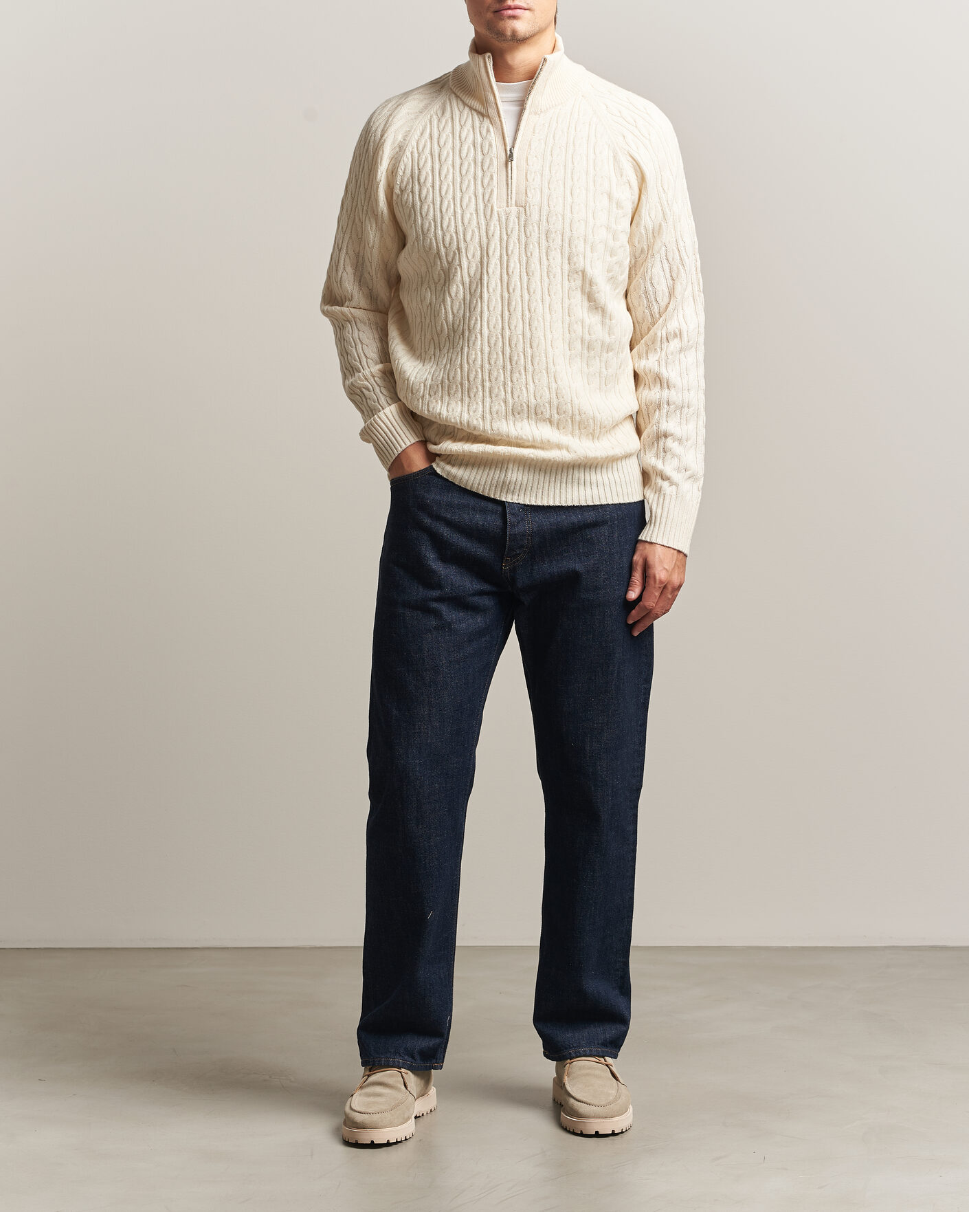 Hombres | Jerséis y prendas de punto | BOSS BLACK | Furore Wool/Cashmere Cable Half Zip Open White