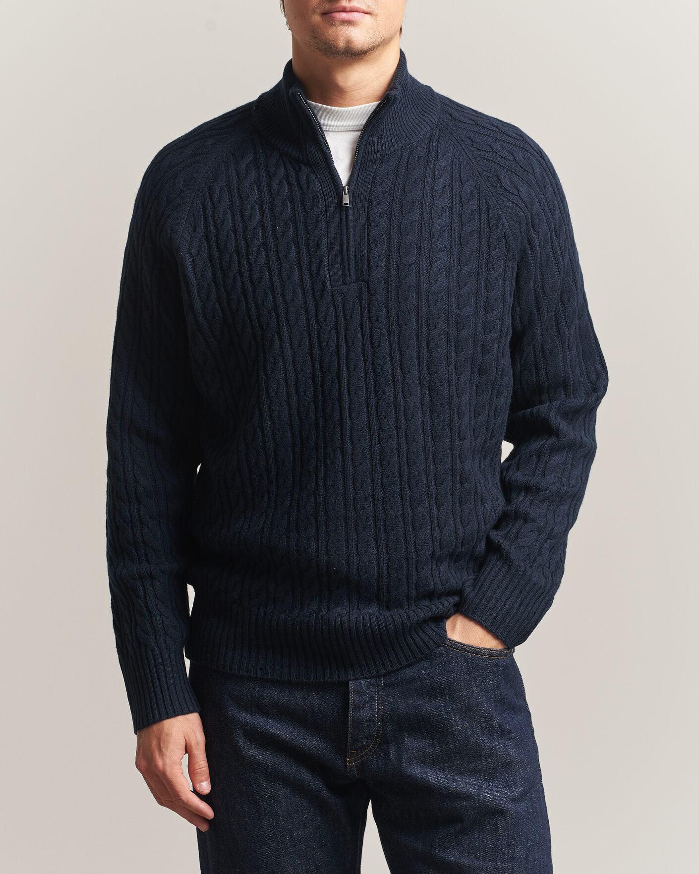 Hombres | Jerséis y prendas de punto | BOSS BLACK | Furore Wool/Cashmere Cable Half Zip Dark Blue