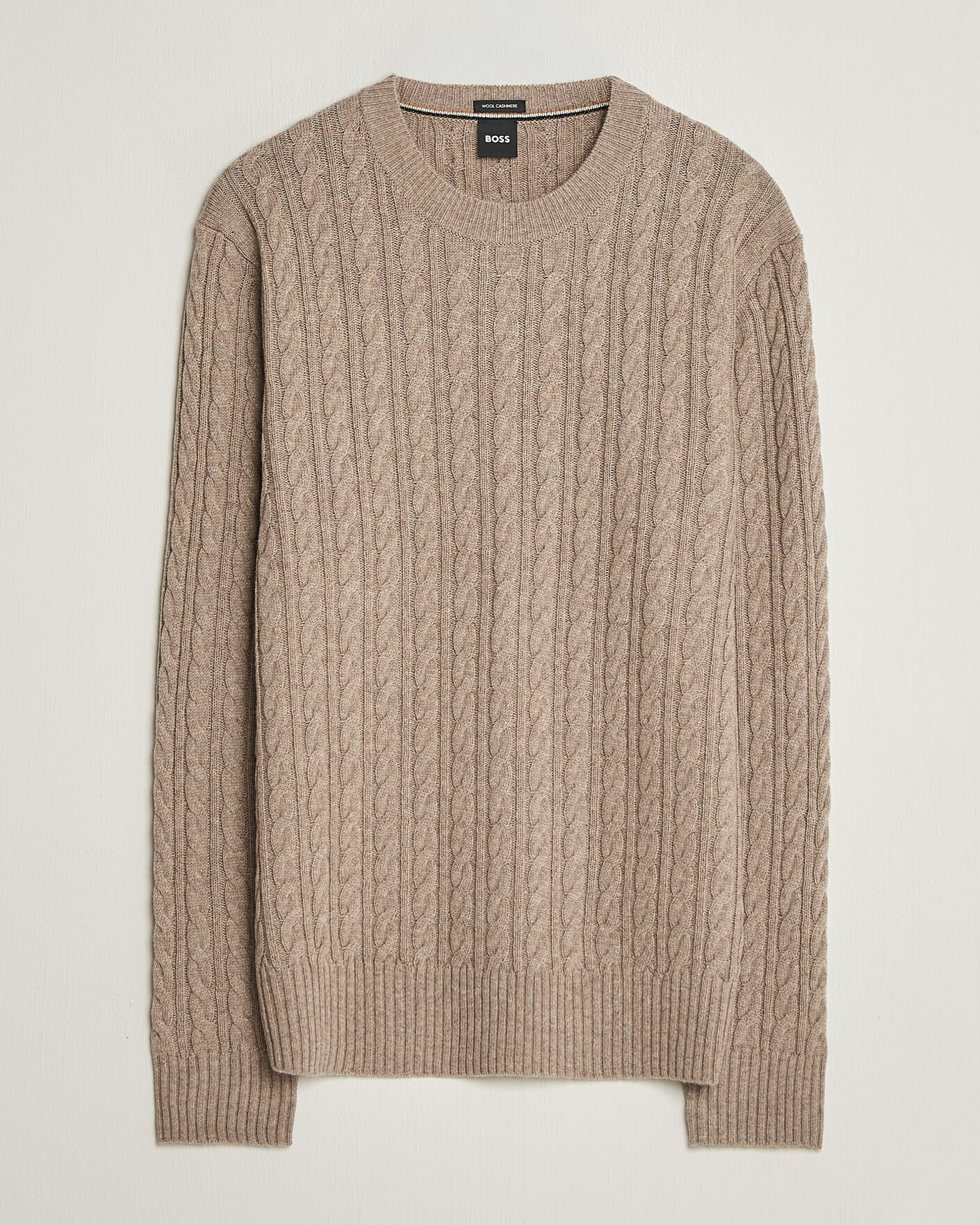 Hombres | Jerséis y prendas de punto | BOSS BLACK | Furlan Wool/Cashmere Cable Crew Neck Open Brown