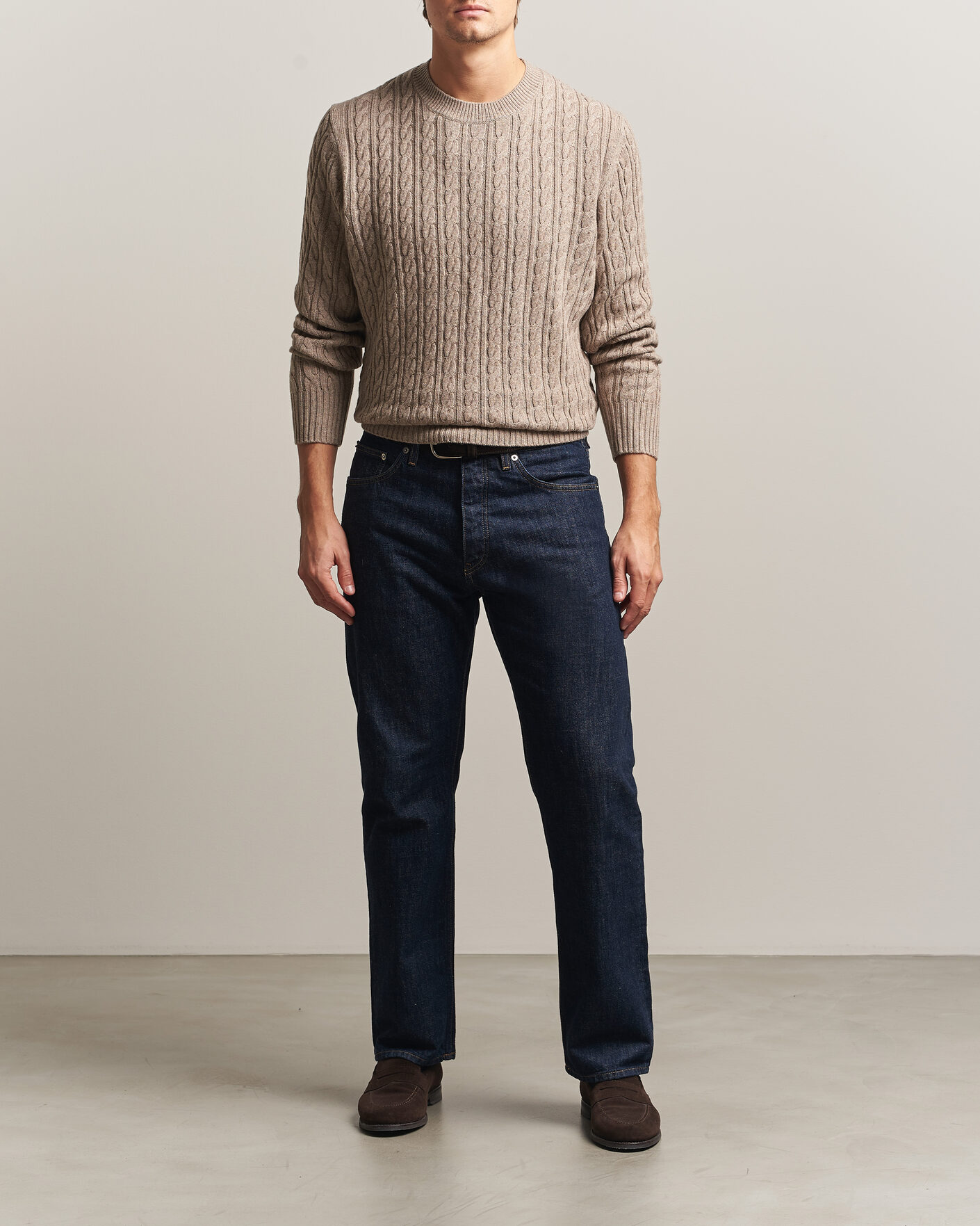 Hombres | Jerséis y prendas de punto | BOSS BLACK | Furlan Wool/Cashmere Cable Crew Neck Open Brown