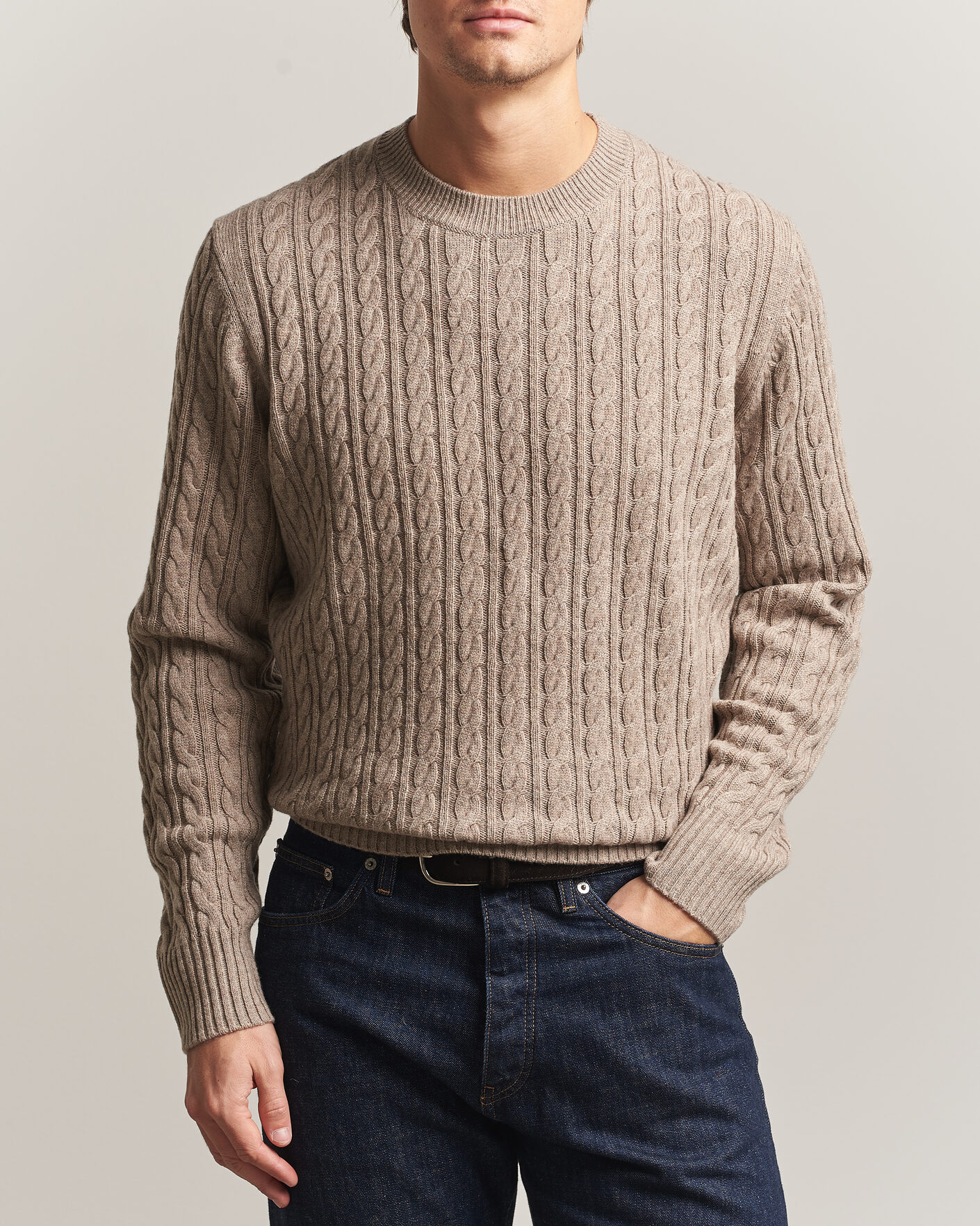 Hombres | Jerséis y prendas de punto | BOSS BLACK | Furlan Wool/Cashmere Cable Crew Neck Open Brown