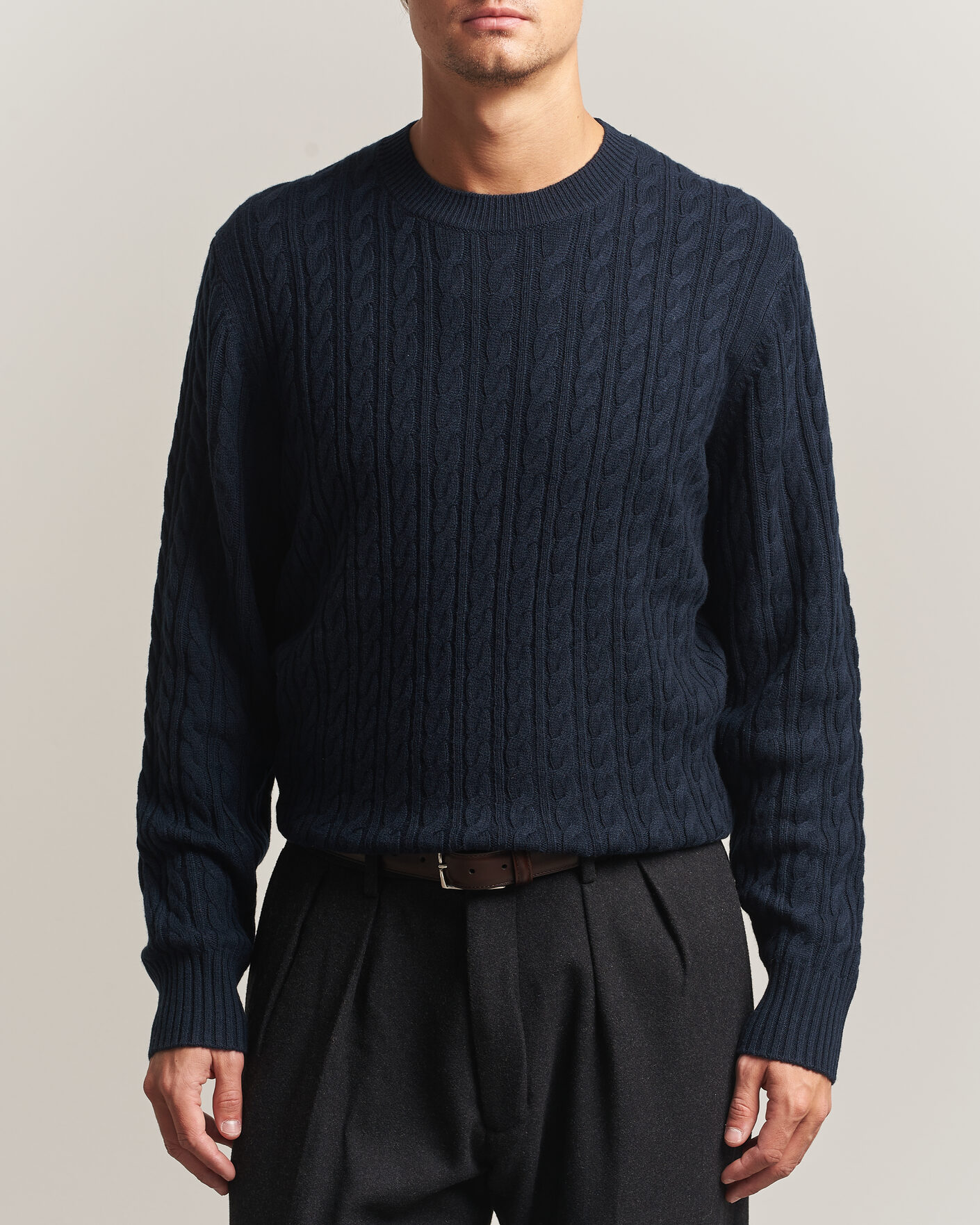 Hombres | Jerséis y prendas de punto | BOSS BLACK | Furlan Wool/Cashmere Cable Crew Neck Dark Blue