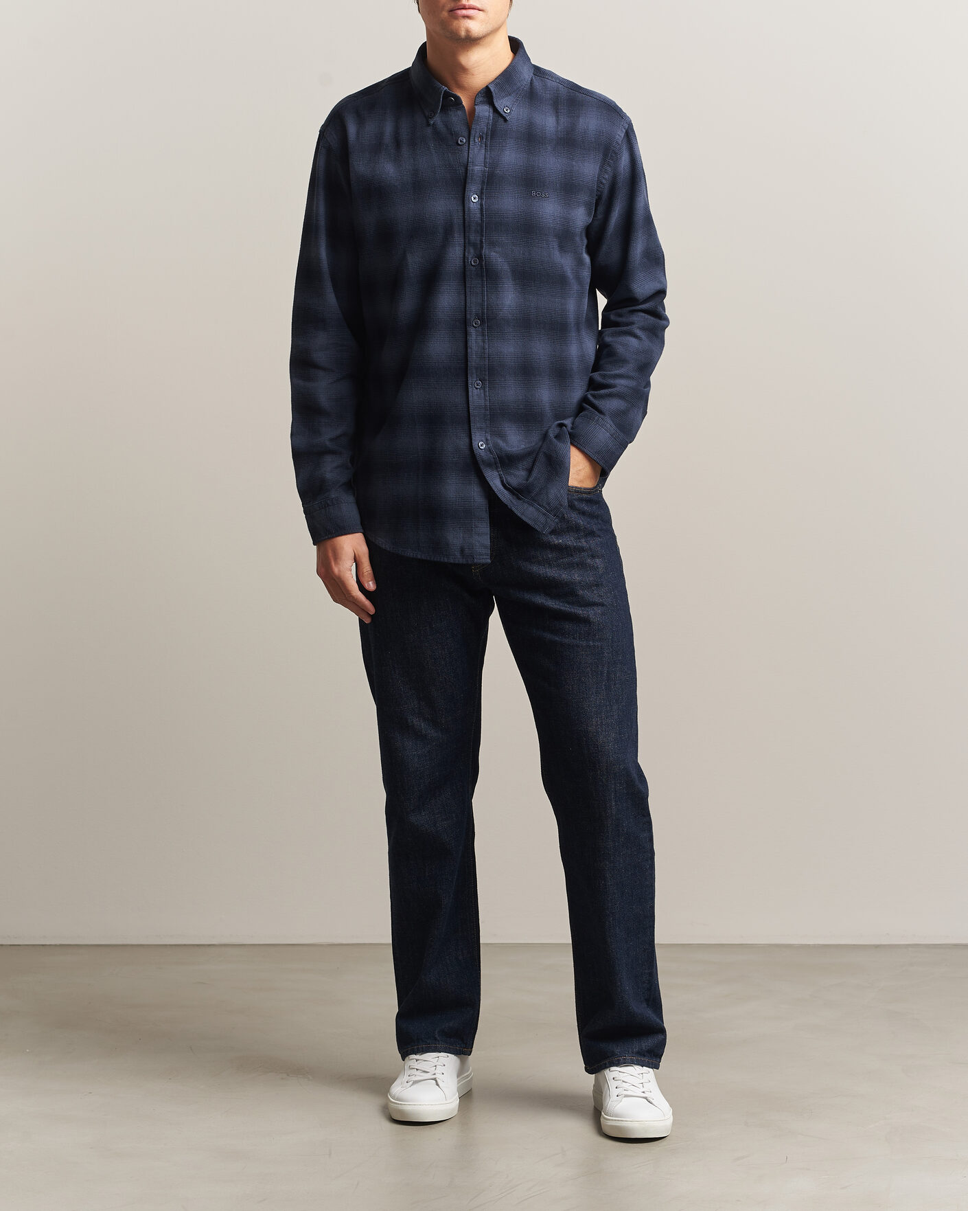 Hombres | Camisas | BOSS ORANGE | Rickert Brushed Cotton Checked Shirt Dark Blue