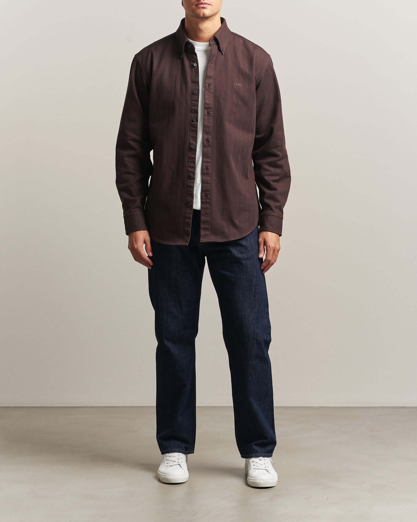 Hombres | Camisas | BOSS ORANGE | Ricopuls Brushed Herringbone Shirt Dark Brown