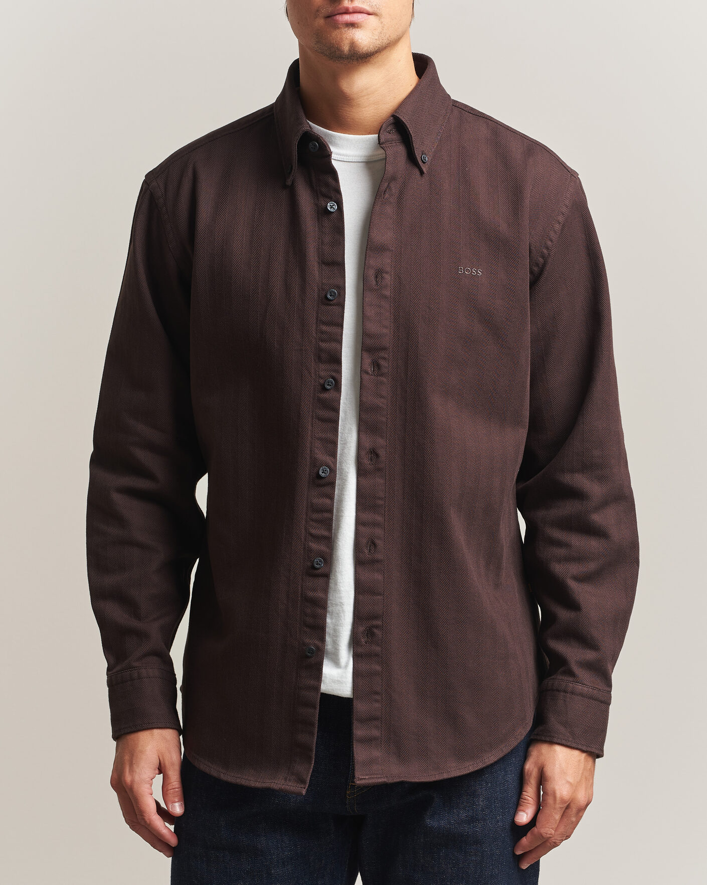 Hombres | Camisas | BOSS ORANGE | Ricopuls Brushed Herringbone Shirt Dark Brown