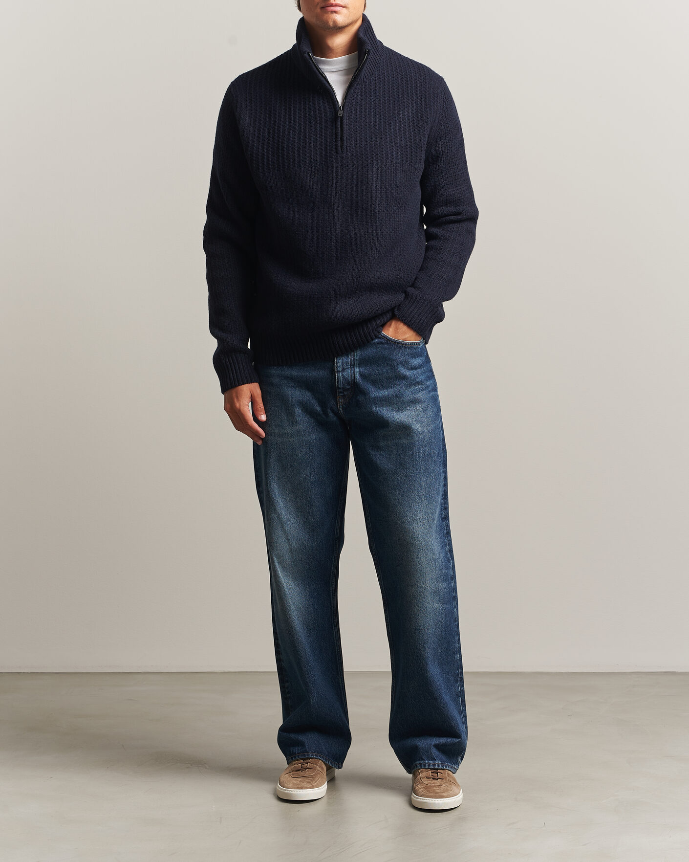 Hombres | Jerséis y prendas de punto | BOSS ORANGE | Kenter Wool Knitted Half Zip Dark Blue
