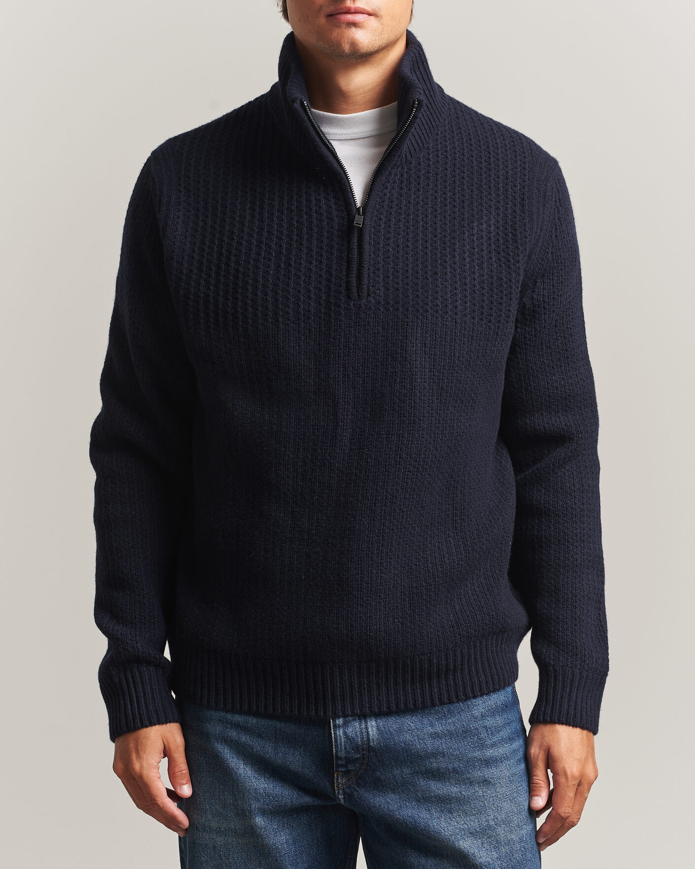 Hombres | Jerséis y prendas de punto | BOSS ORANGE | Kenter Wool Knitted Half Zip Dark Blue