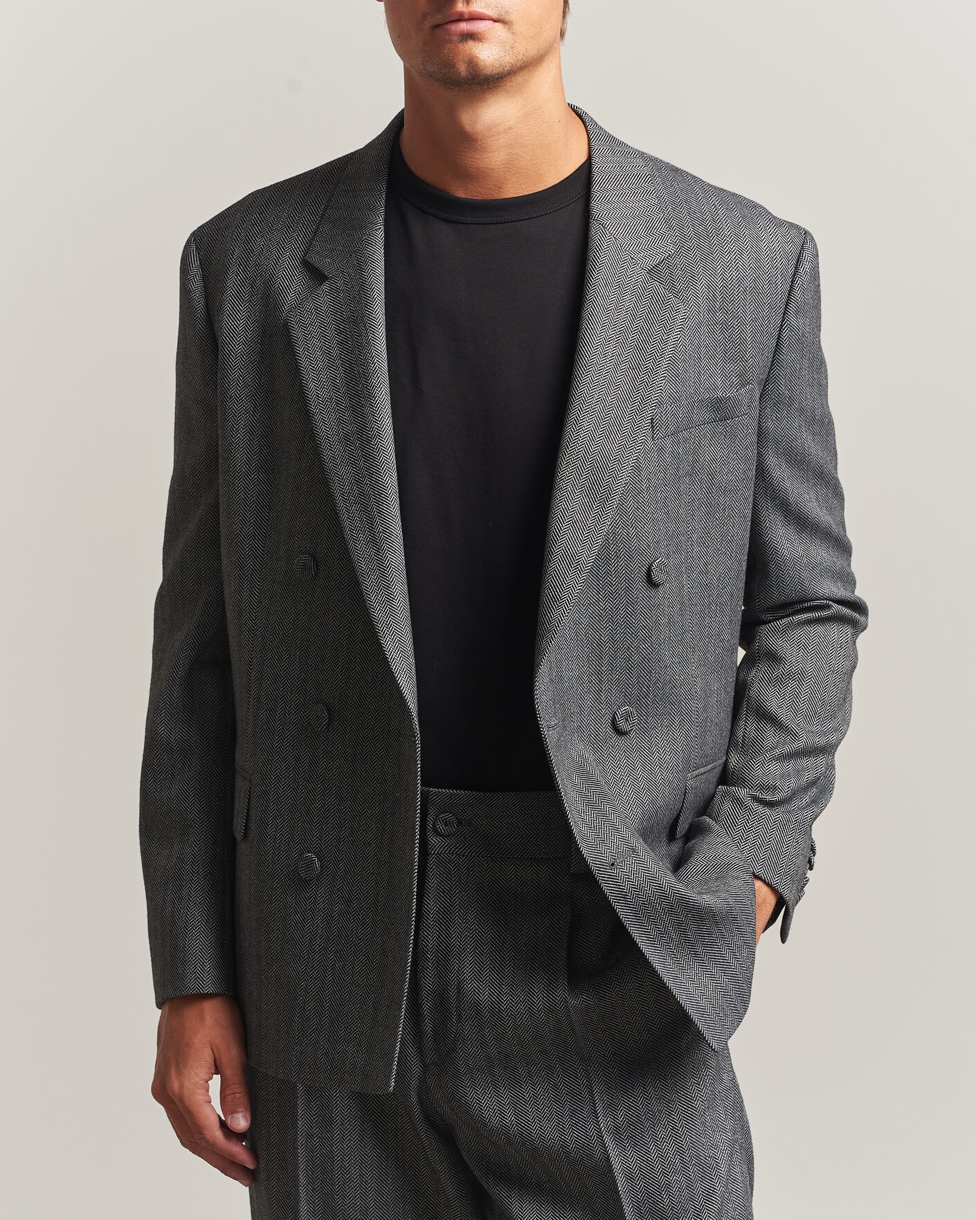Hombres | Blazers | HUGO | Karlo Herringbone Double Breasted Blazer Dark Grey