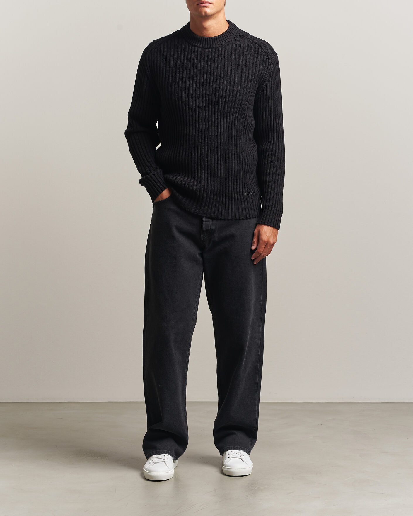 Hombres | Jerséis y prendas de punto | HUGO | Sribban Cotton Knitted Sweater Black
