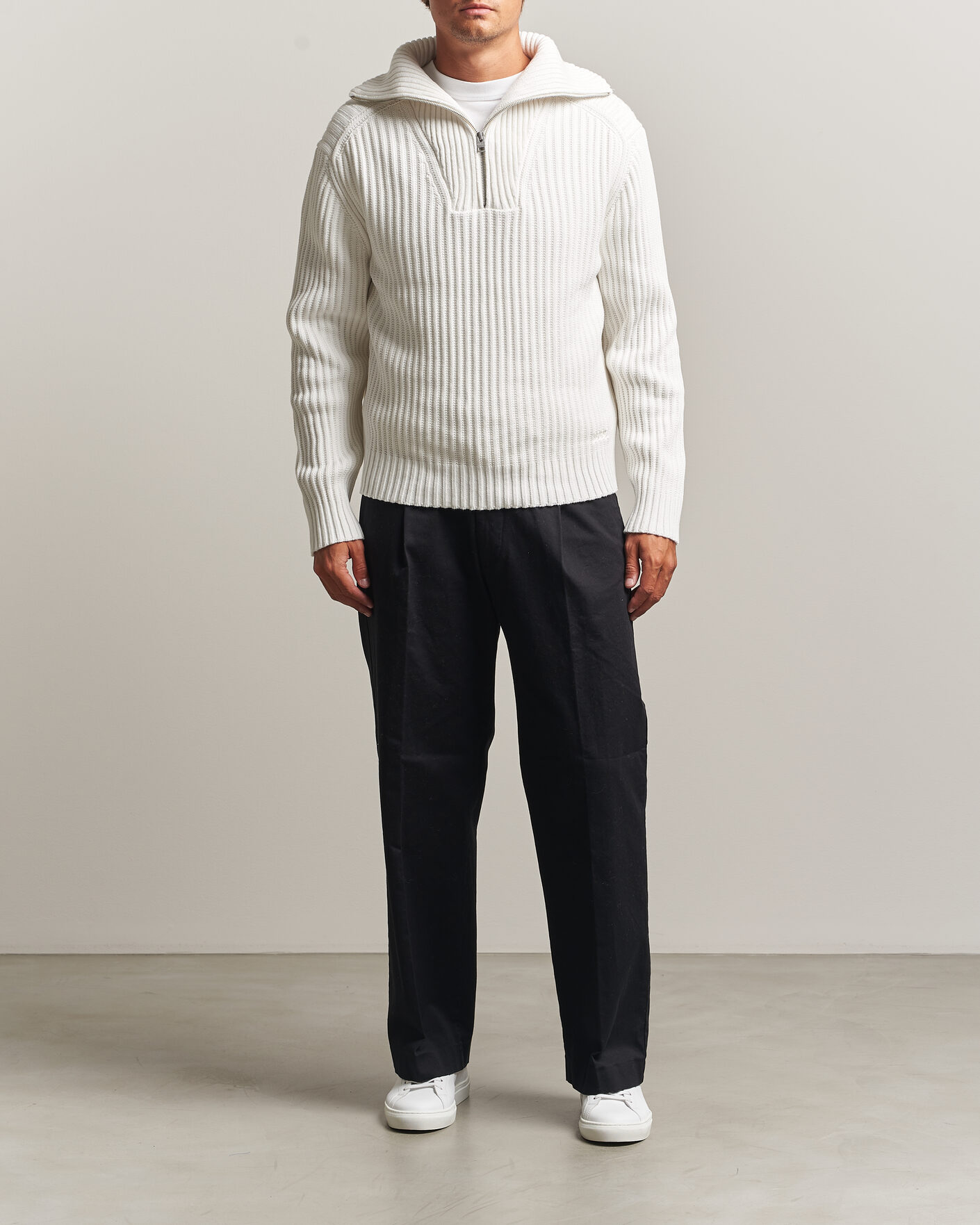 Hombres | Jerséis y prendas de punto | HUGO | Srtithon Cotton Knitted Half Zip Natural