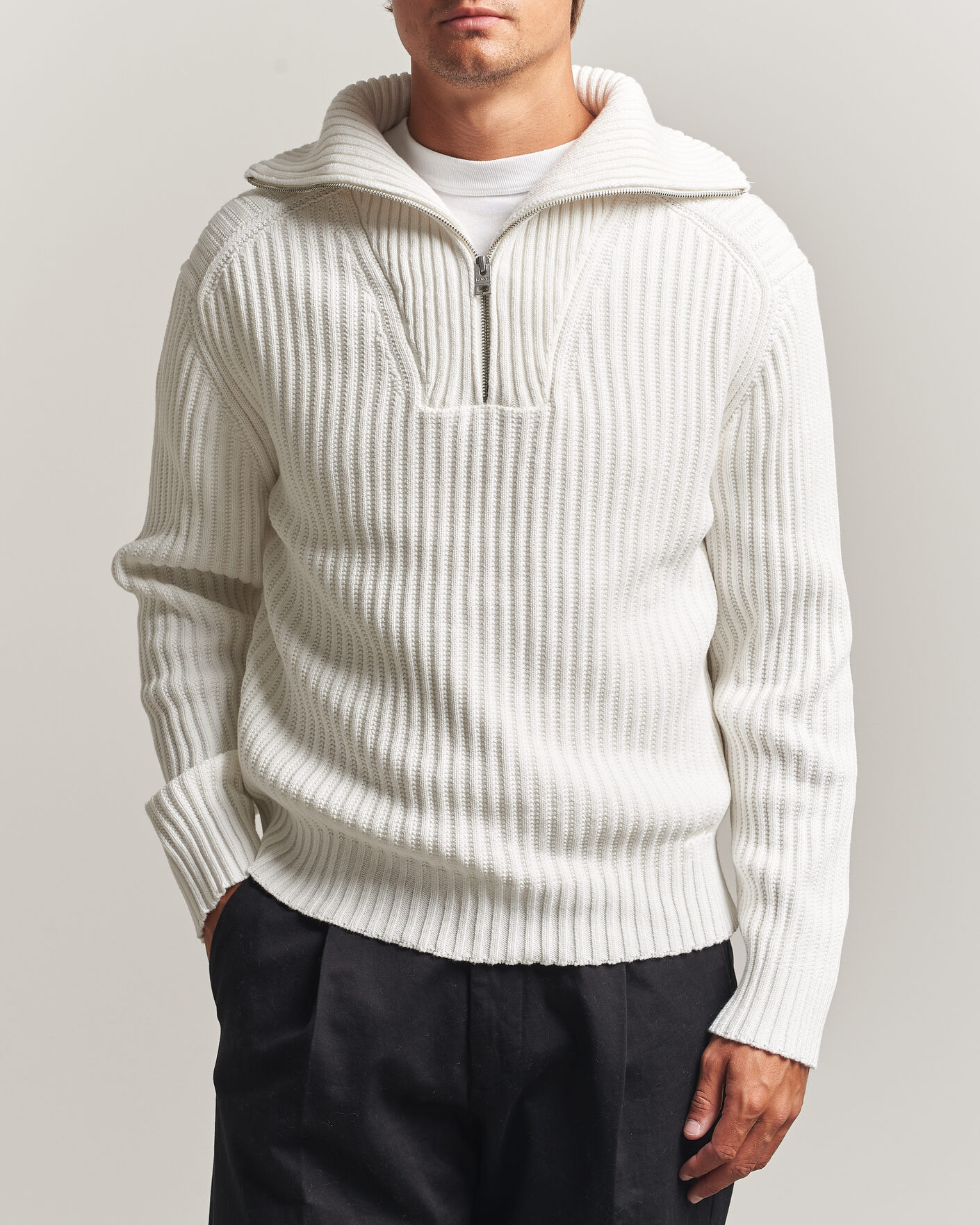 Hombres | Jerséis y prendas de punto | HUGO | Srtithon Cotton Knitted Half Zip Natural