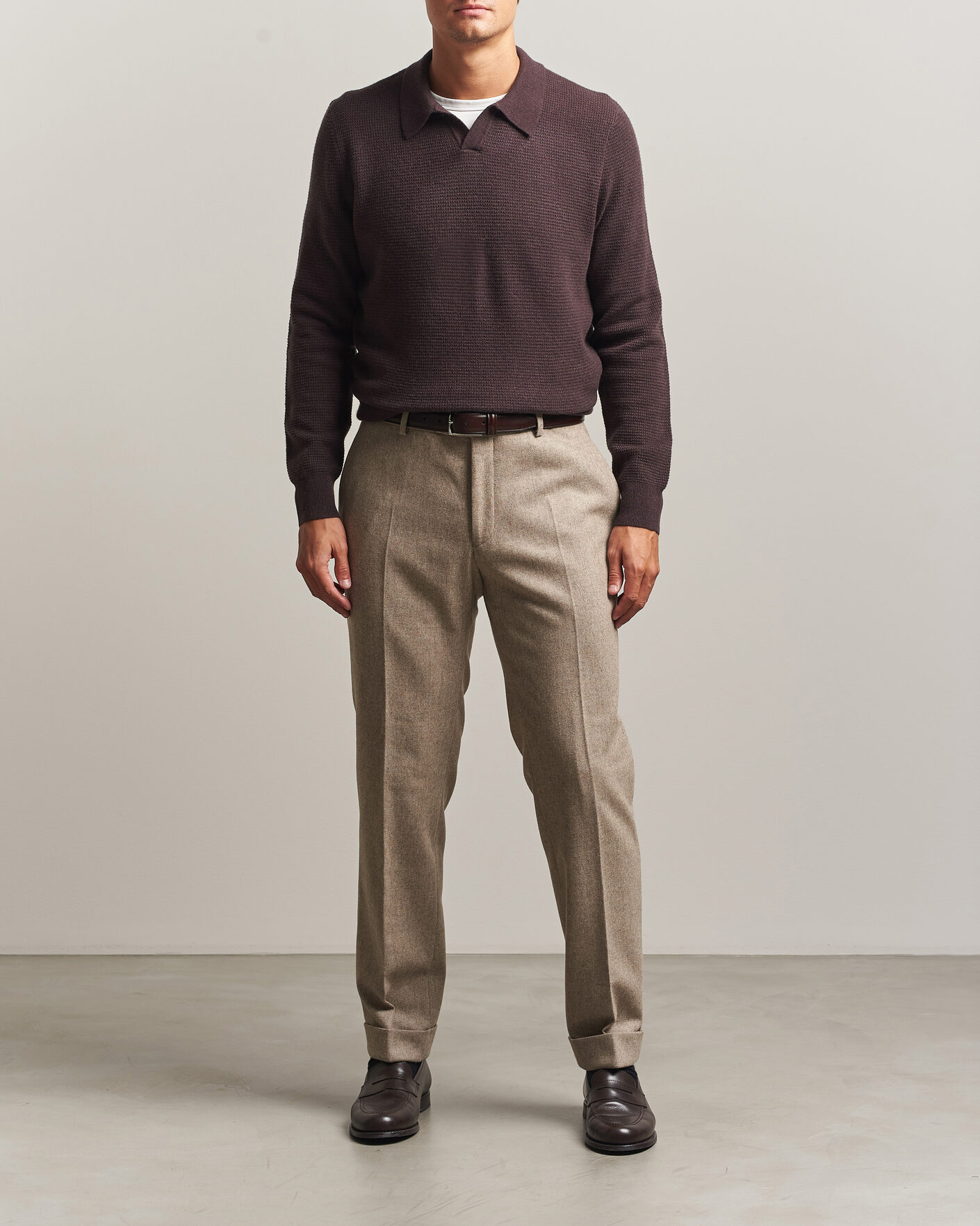 Hombres | Jerséis y prendas de punto | BOSS CAMEL | Filo Wool Knitted Polo Open Brown
