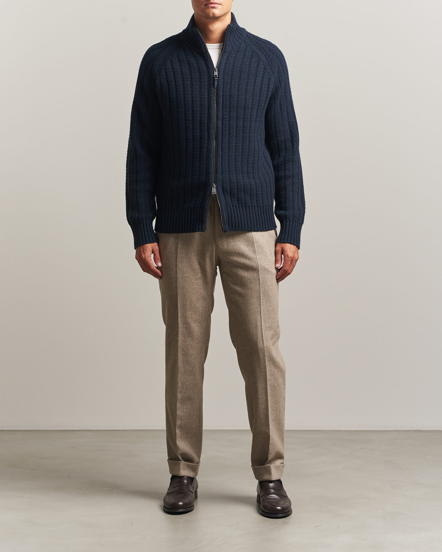 Hombres | Jerséis y prendas de punto | BOSS CAMEL | Filane Wool Knitted Full Zip Dark Blue