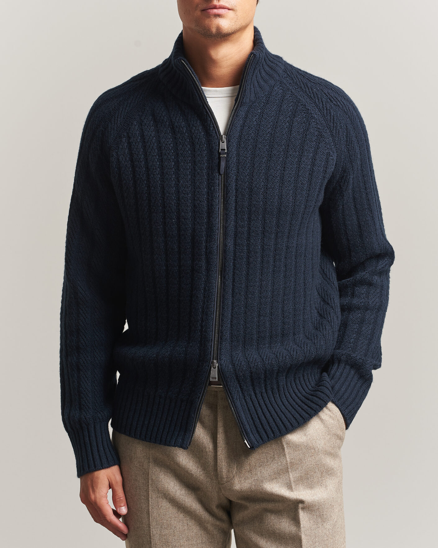 Hombres | Jerséis y prendas de punto | BOSS CAMEL | Filane Wool Knitted Full Zip Dark Blue