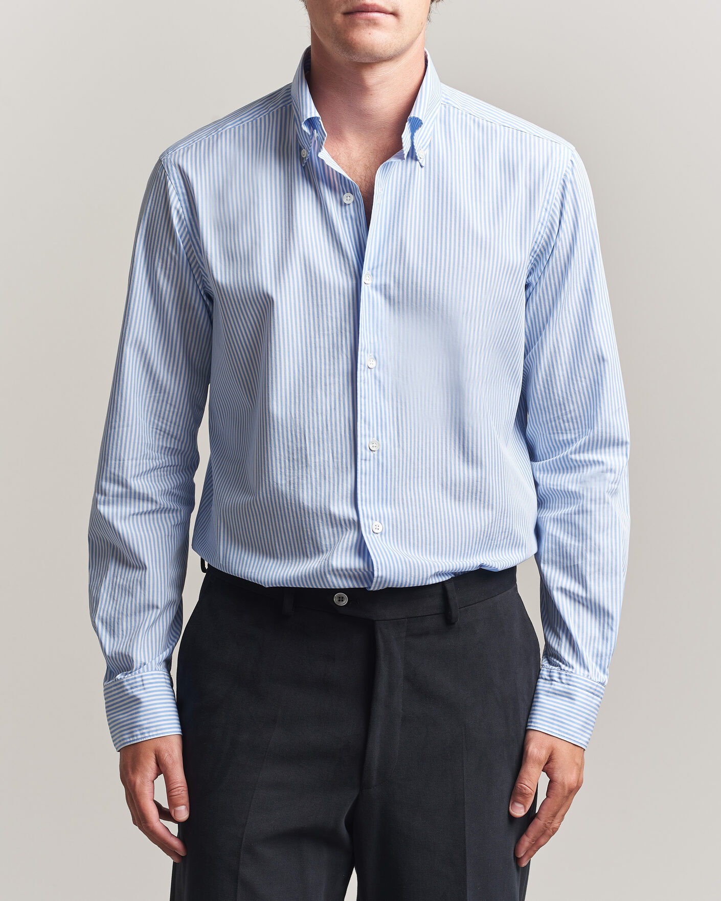 Hombres | Camisas | Grigio | Popeline Button Down Shirt Light Blue Stripe