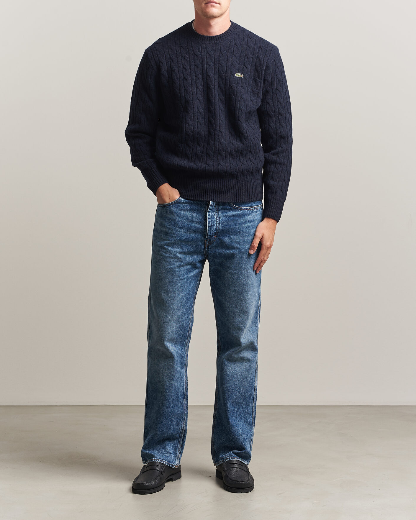 Hombres | Jerséis y prendas de punto | Lacoste | Carded Wool Cable Crew Neck Navy Blue