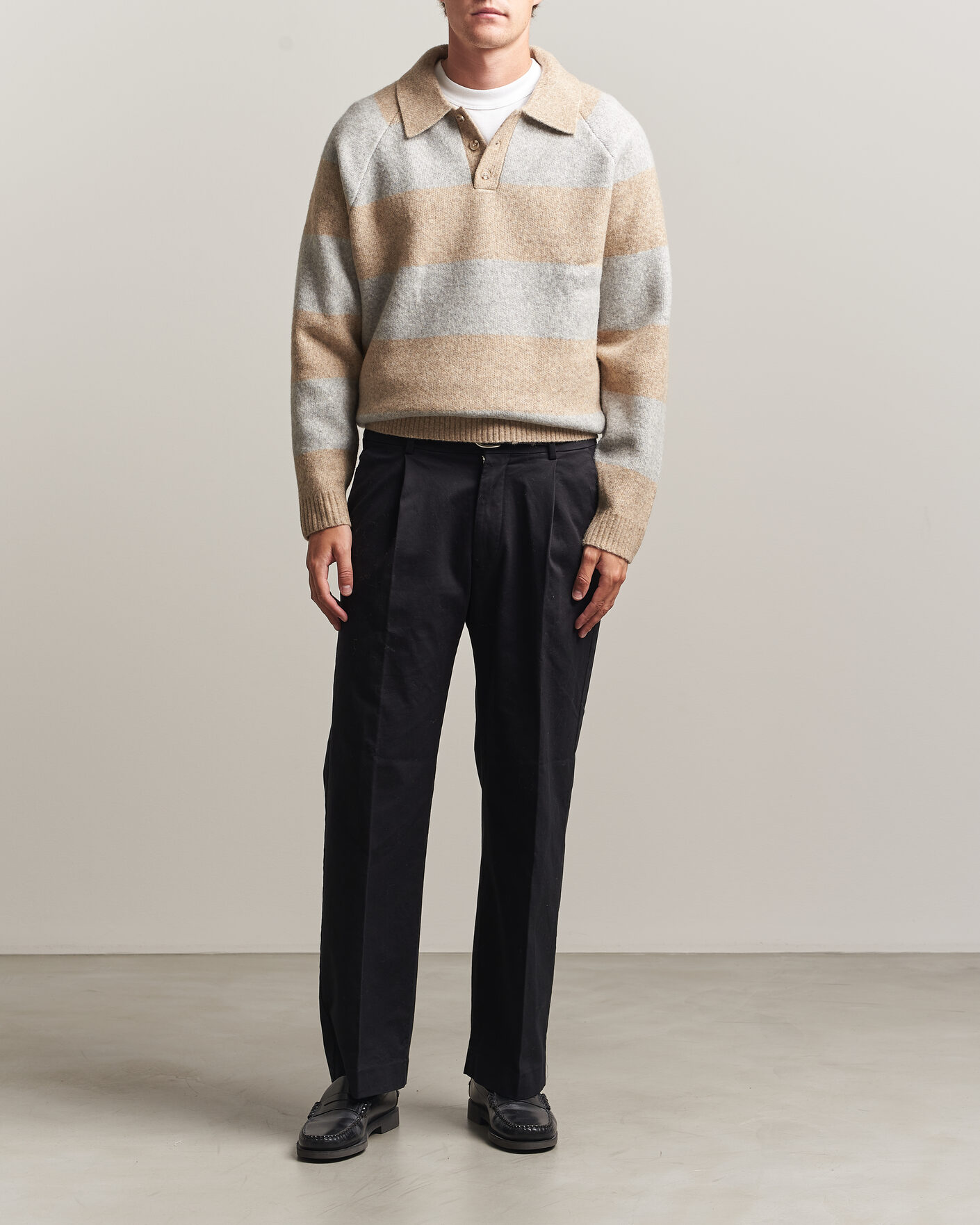 Hombres | Jerséis y prendas de punto | LES DEUX | Striped Melange Knit Polo Light Sand Melange