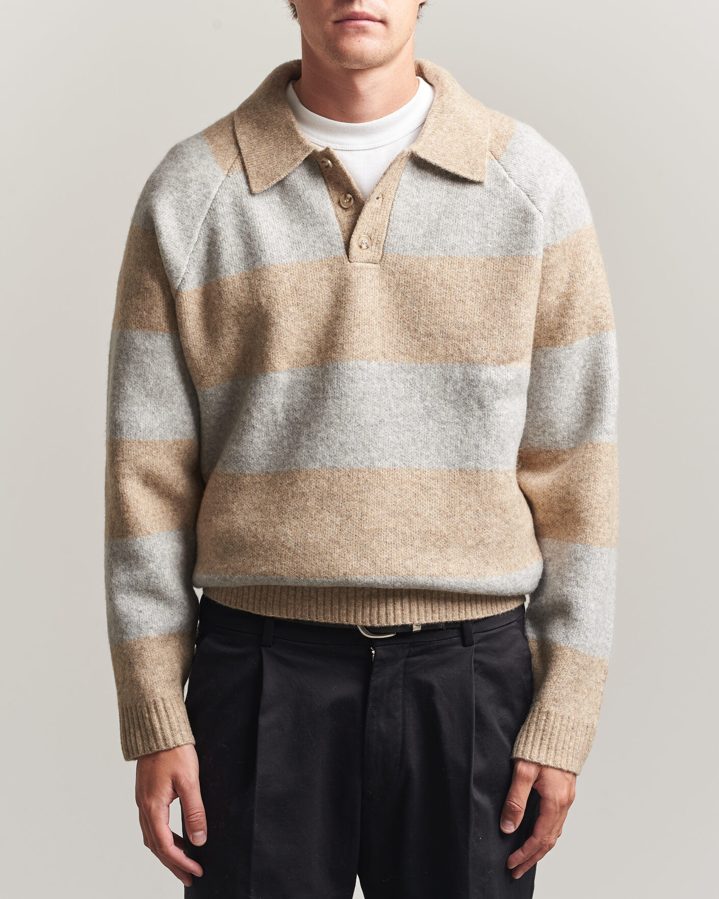 Hombres | Jerséis y prendas de punto | LES DEUX | Striped Melange Knit Polo Light Sand Melange