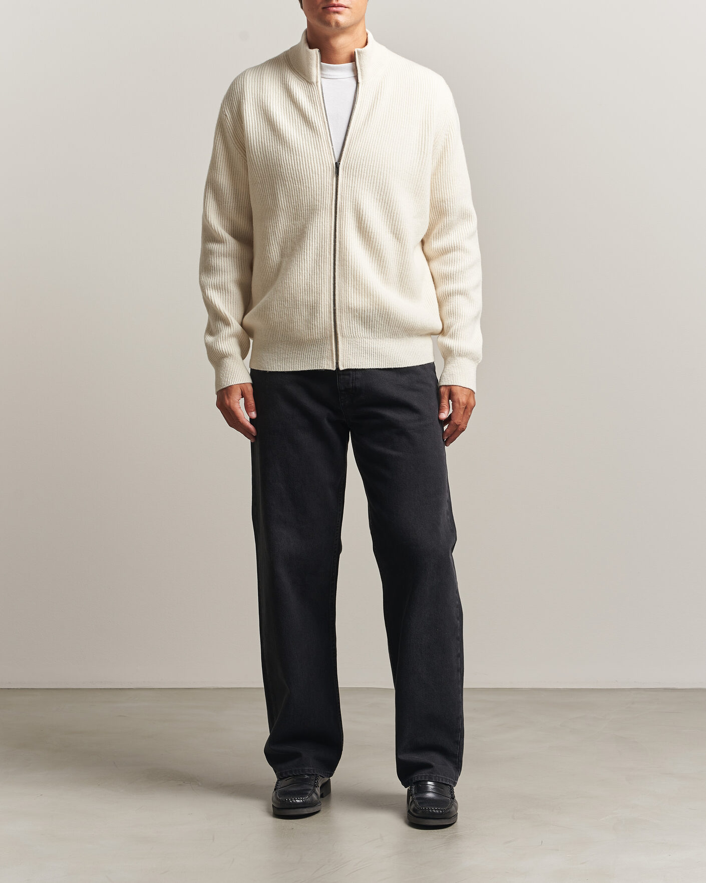 Hombres | Jerséis y prendas de punto | LES DEUX | Wool Rib Zipper Knit Ivory Melange