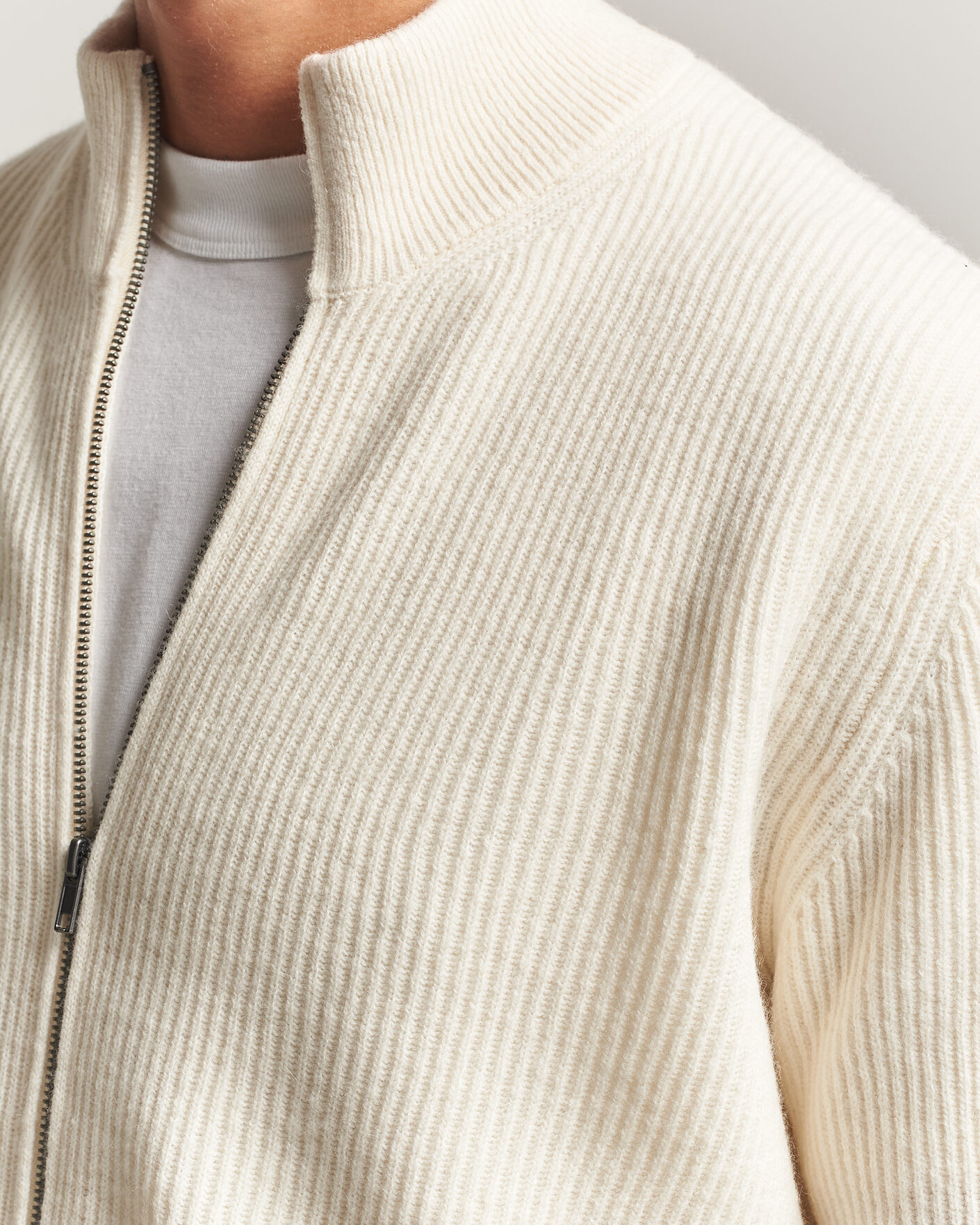 Hombres | Jerséis y prendas de punto | LES DEUX | Wool Rib Zipper Knit Ivory Melange