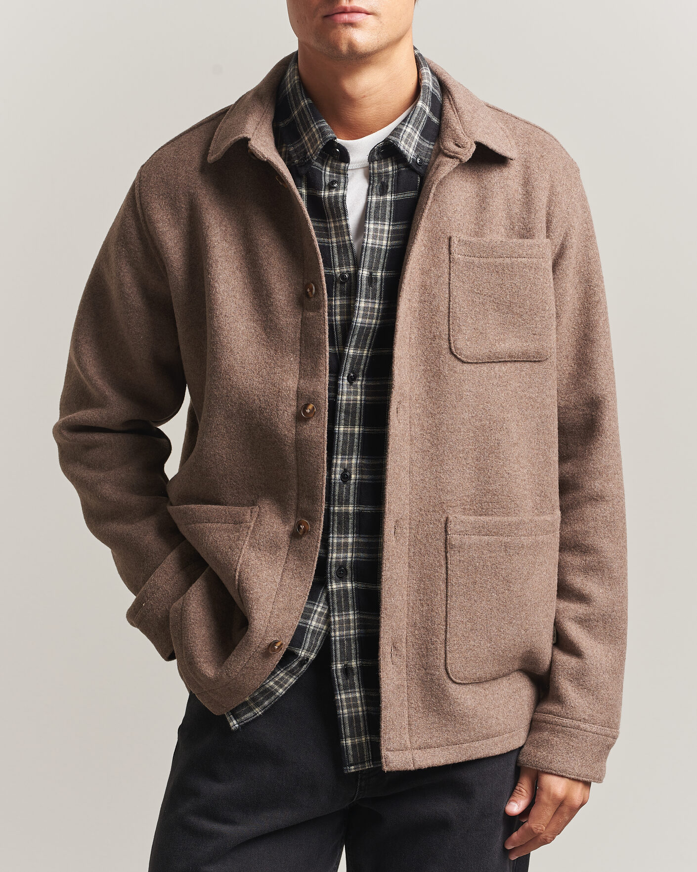 Hombres | Camisas | LES DEUX | Wool Overshirt Dark Sand Melange