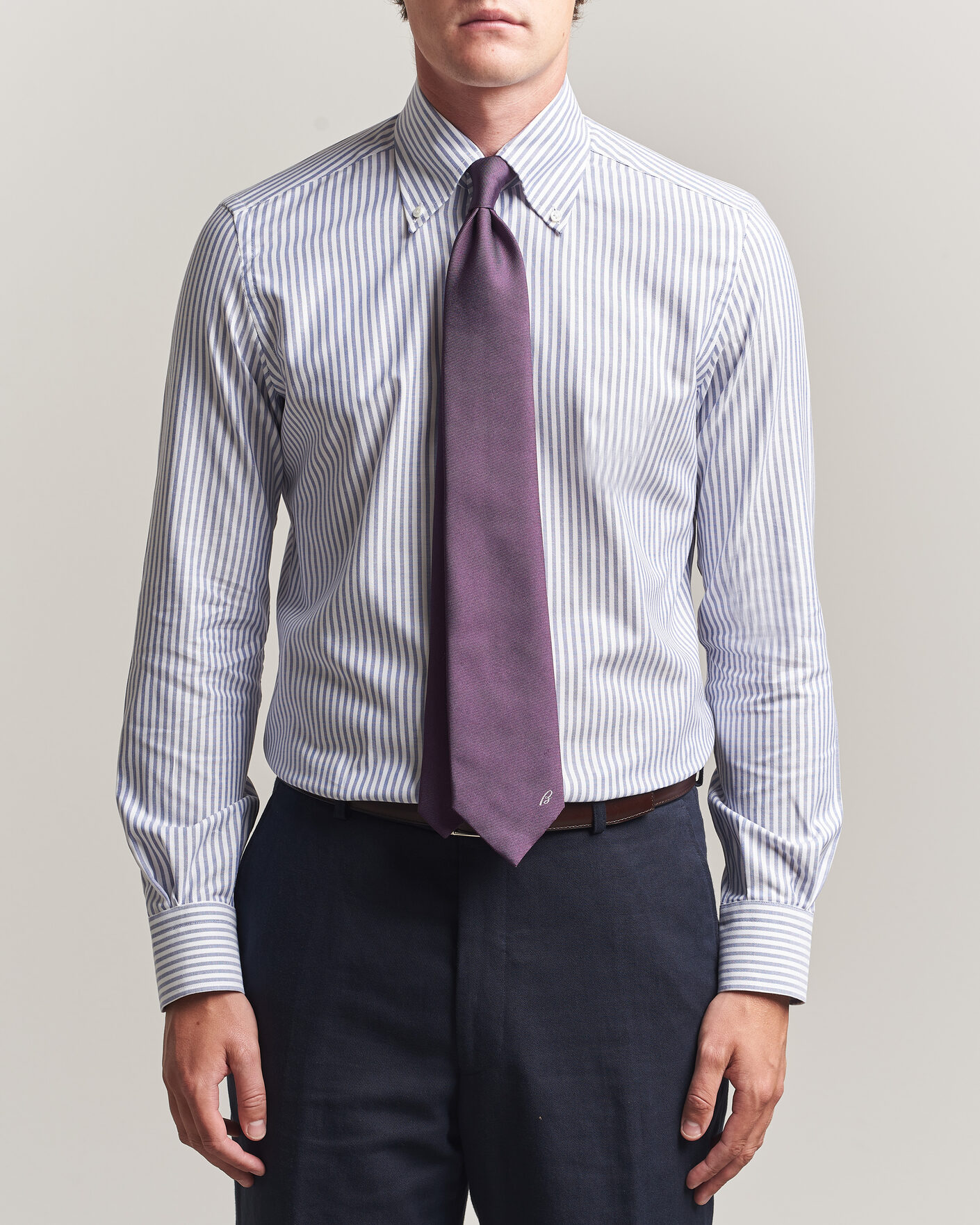 Hombres | Camisas | Mazzarelli | Soft Oxford Button Down Shirt Blue Stripe