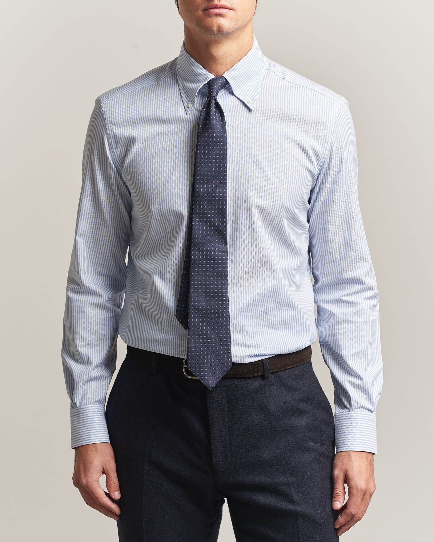 Hombres | Camisas | Mazzarelli | Soft Oxford Button Down Shirt Light Blue Stripe