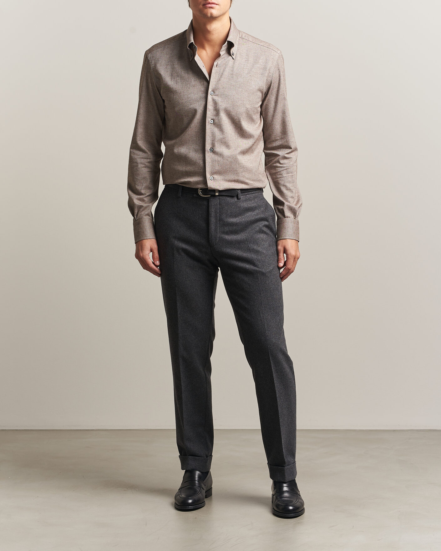 Hombres | Camisas | Mazzarelli | Soft Flannel Button Down Shirt Taupe