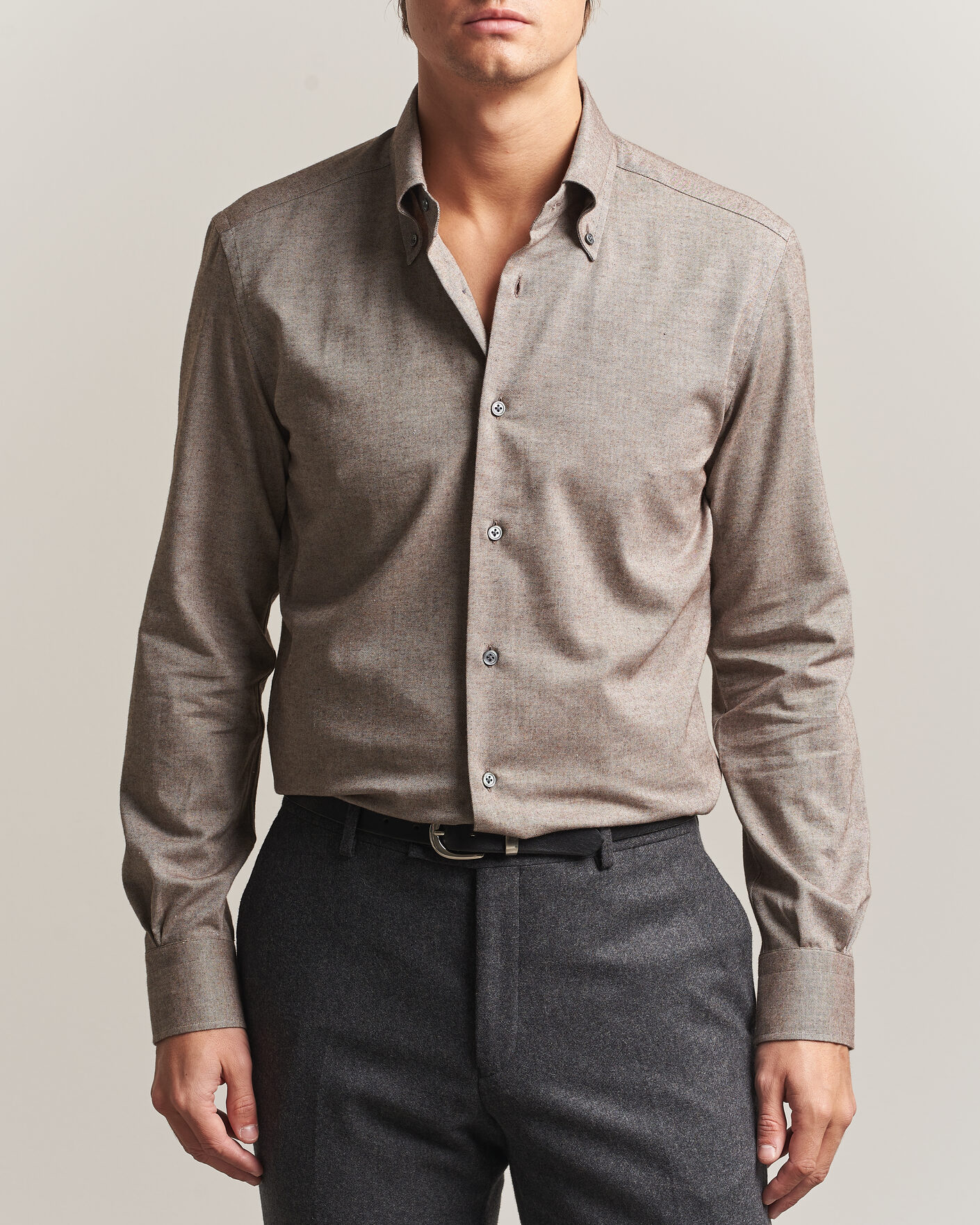 Hombres | Camisas | Mazzarelli | Soft Flannel Button Down Shirt Taupe