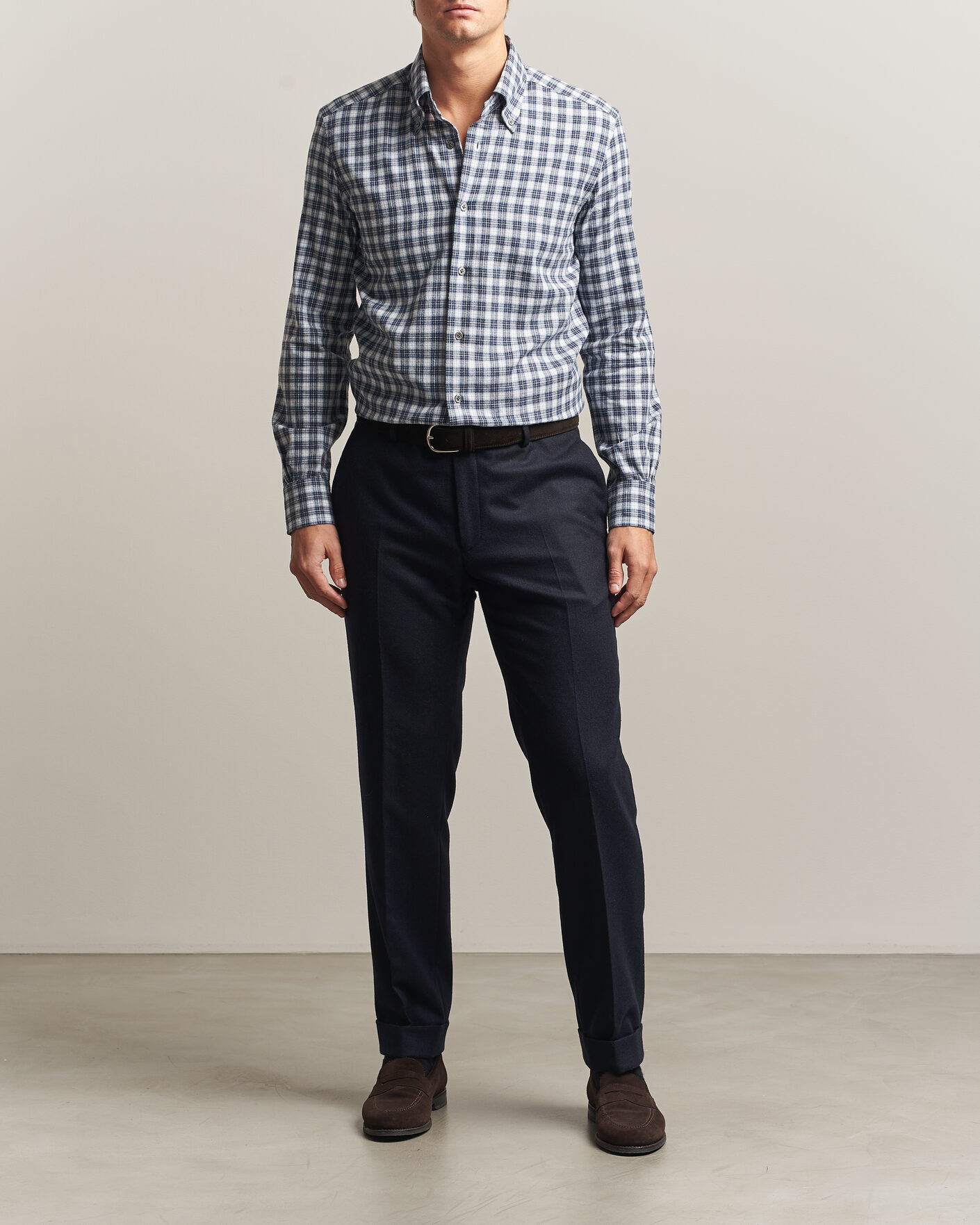 Hombres | Camisas | Mazzarelli | Soft Flannel Button Down Shirt Navy