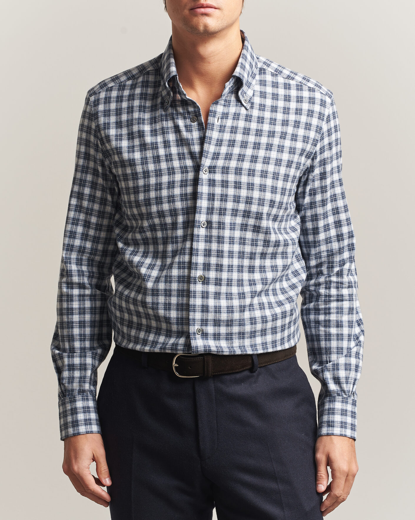 Hombres | Camisas | Mazzarelli | Soft Flannel Button Down Shirt Navy