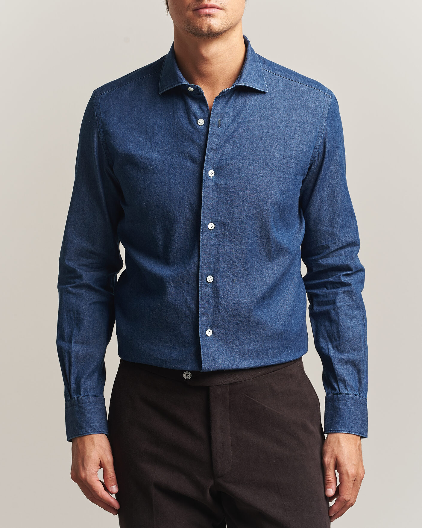 Hombres | Camisas | Mazzarelli | Soft Denim Shirt Blue Wash