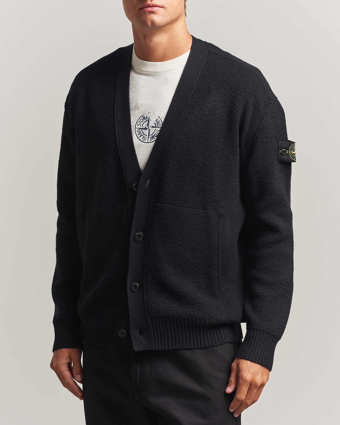 Hombres | Jerséis y prendas de punto | Stone Island | Textured Stitch Wool Cardigan Black