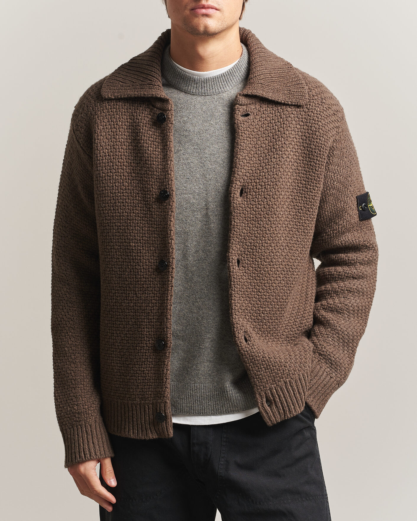 Hombres | Jerséis y prendas de punto | Stone Island | Basket Stitch Lambswool Cardigan Umber Melange